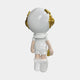 The Cosmic White Astronaut Buddy Sculpture (70cm) by Giant Sculptures features a round-headed figure with gold headphones, short white attire, and a small gold object. Its minimalist design is ideal for futuristic home décor. White background.
