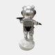 The Giant Sculptures Astral Silver Astronaut Bear Butler Sculpture (90cm) features a silver astronaut bear with a rounded helmet, backpack, and raised arm holding a tray on a white textured base—perfect for space-themed decor.
