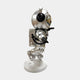 The Astral Silver Astronaut Bear Butler Sculpture (90cm) by Giant Sculptures features a shiny bear astronaut with a large helmet and backpack, standing on one foot atop a white base—an ideal space-themed accent for your home.