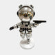 The Astral Silver Astronaut Bear Butler Sculpture by Giant Sculptures stands 90cm tall on one leg, holding a round black tray. Its reflective helmet adds space-themed charm, making it a striking home accent against any plain background.