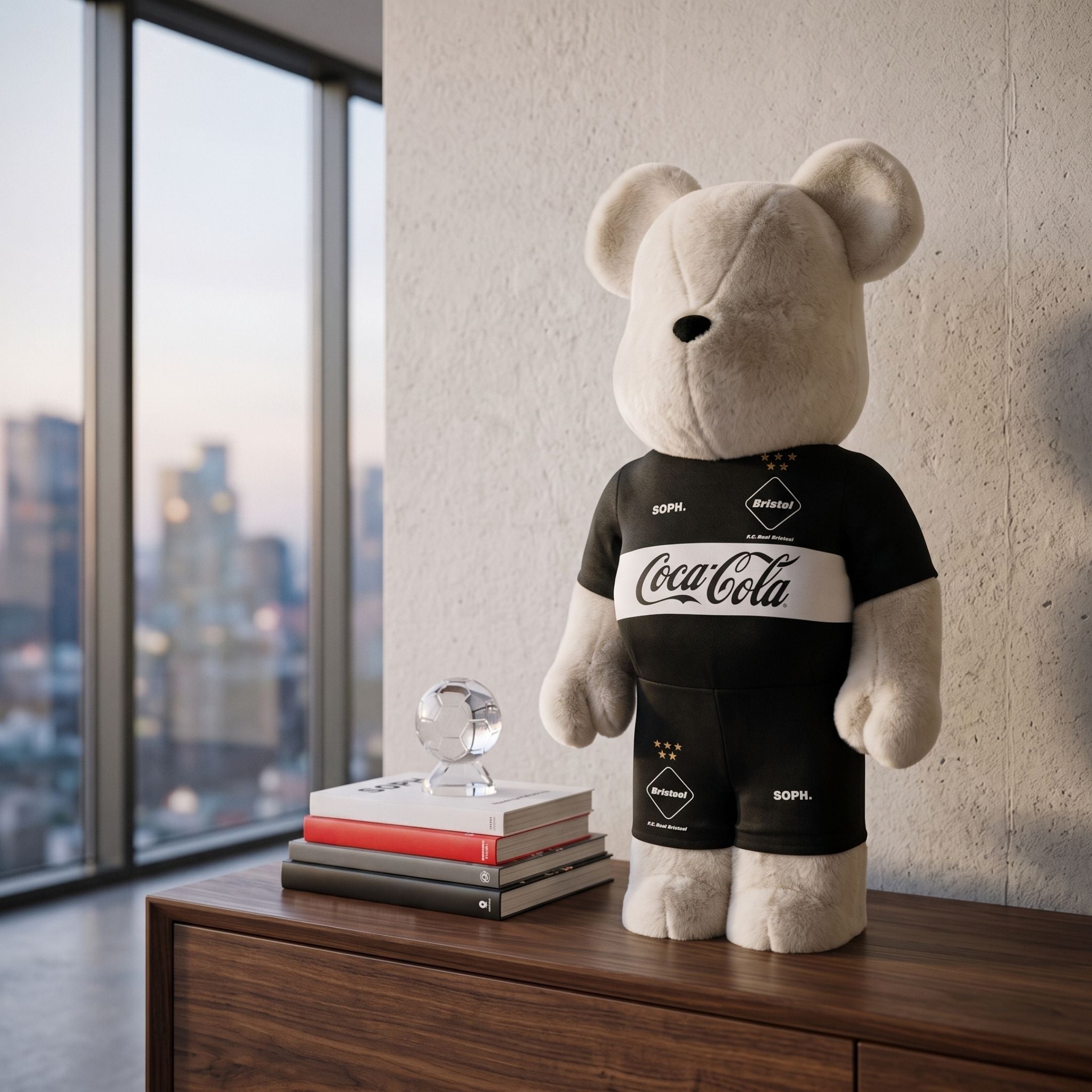 Athlete Plush Bear Sculpture - 70cm by Giant Sculptures, cream bear in black Coca-Cola athletic outfit, displayed on a wooden cabinet by a city-view window.