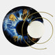 Aurelios Cosmic Blue Crystal Porcelain & Gold Orbit 3D Wall Art featuring a circular iris design in blue and gold with a white mirrored disc and orbiting gold metal rings, shown on a plain white background.