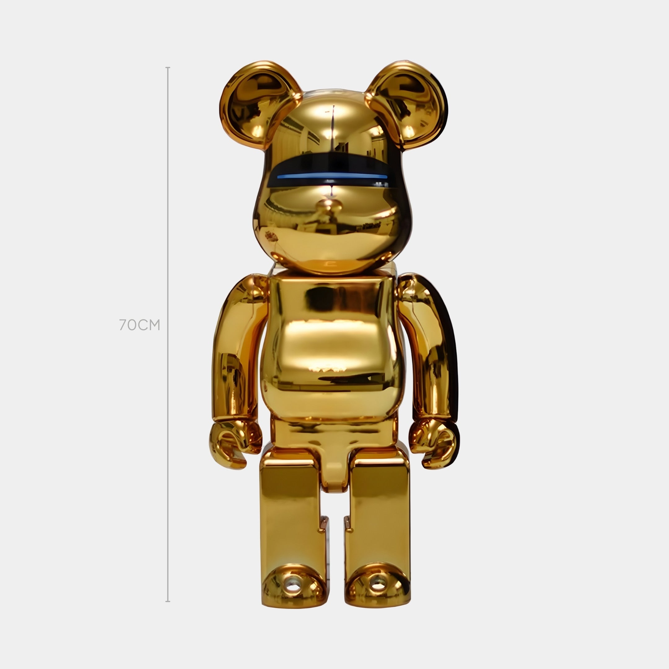 The Mirror Gold Bear Sculpture - 70cm by Giant Sculptures features a flawless gold finish, blue visor-like detail, and high-precision moulding. The bear stands upright on a plain white background.
