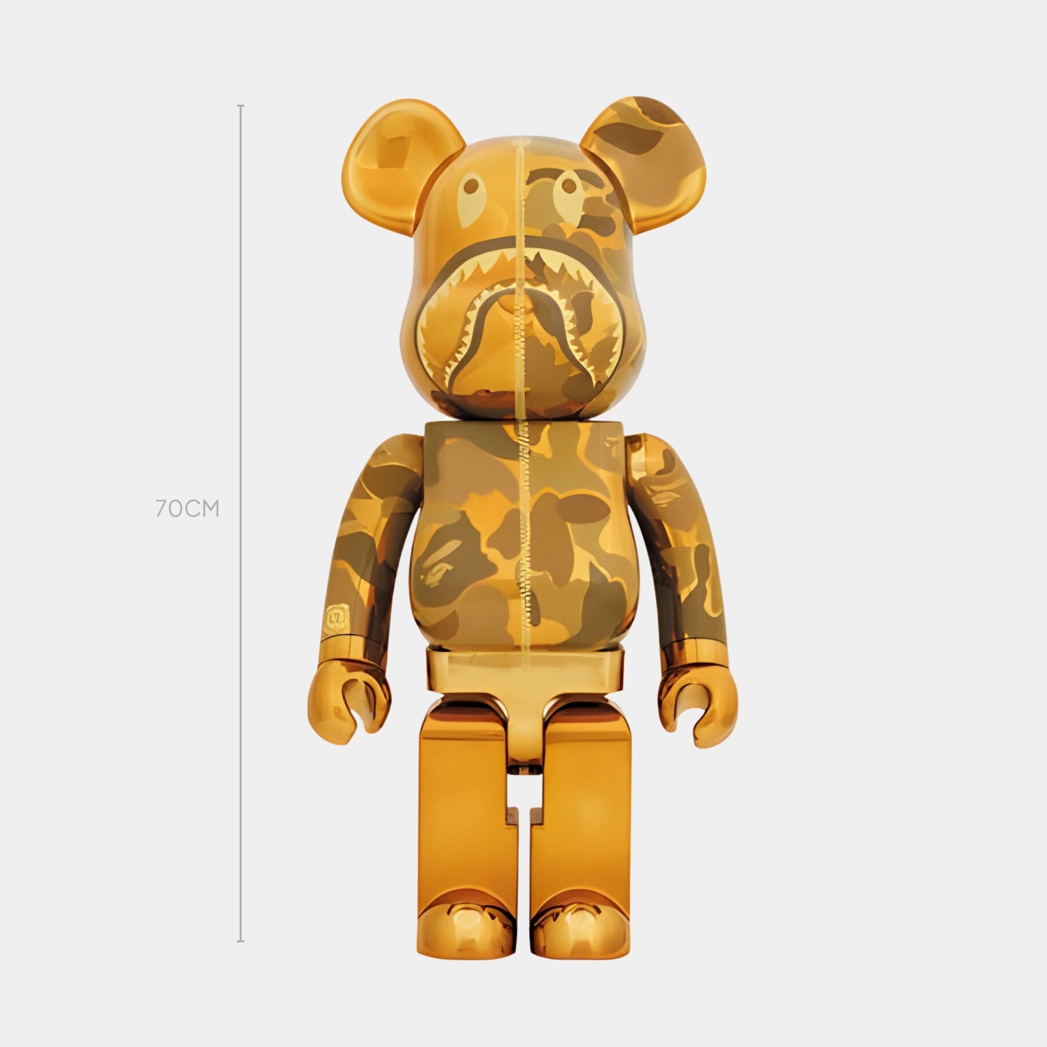 The Auric Hunter Bear Sculpture - 70cm by Giant Sculptures is a gold and brown camo-patterned collectible with a zippered hoodie design and shiny gold chrome finish, displayed against a plain background.