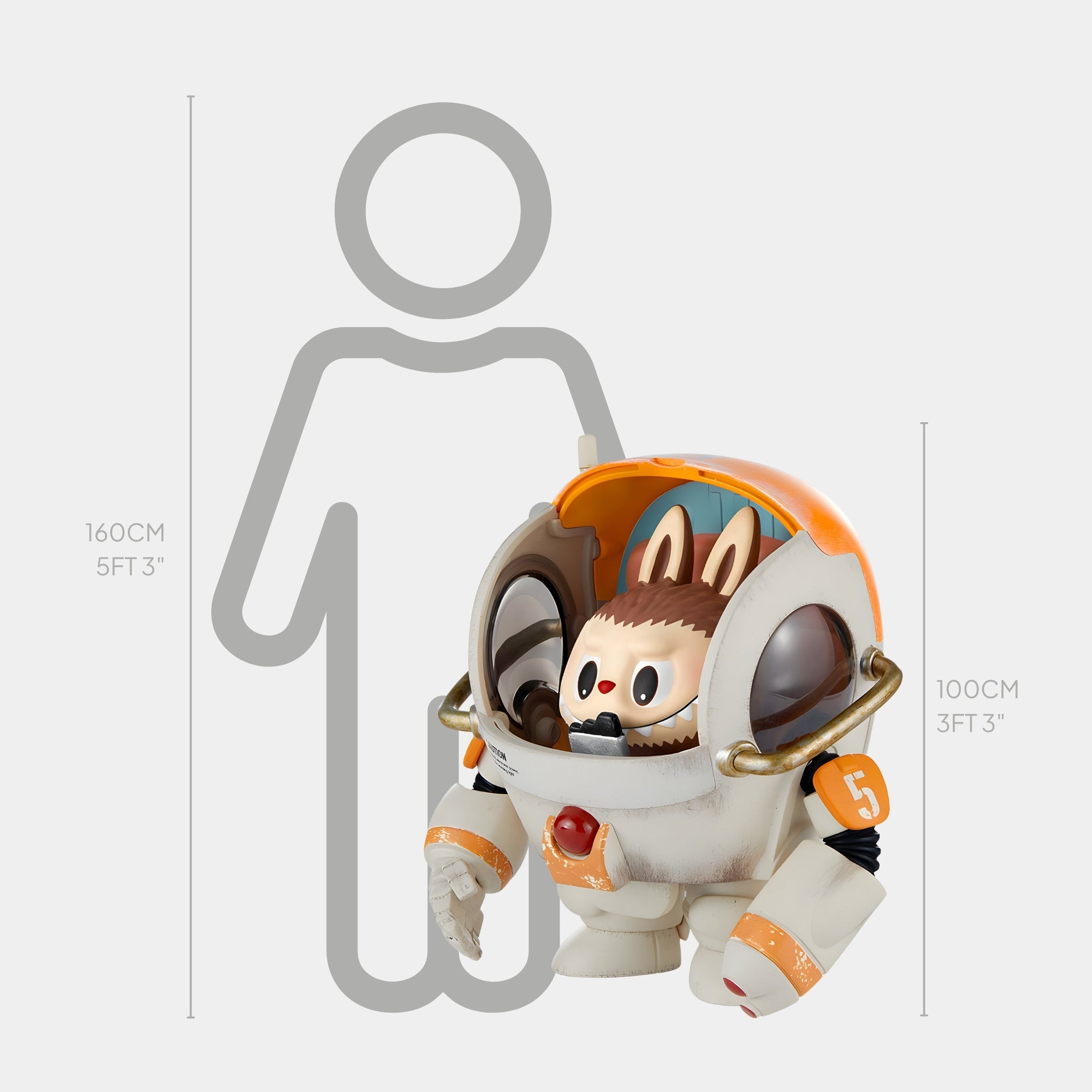 The Seabound Labubu Mecha Sculpture - 100cm by Giant Sculptures, a cartoon animal in a white and orange astronaut suit with nautical design, stands 100 cm (3 ft 3 in) tall beside a height chart showing a 160 cm (5 ft 3 in) person.