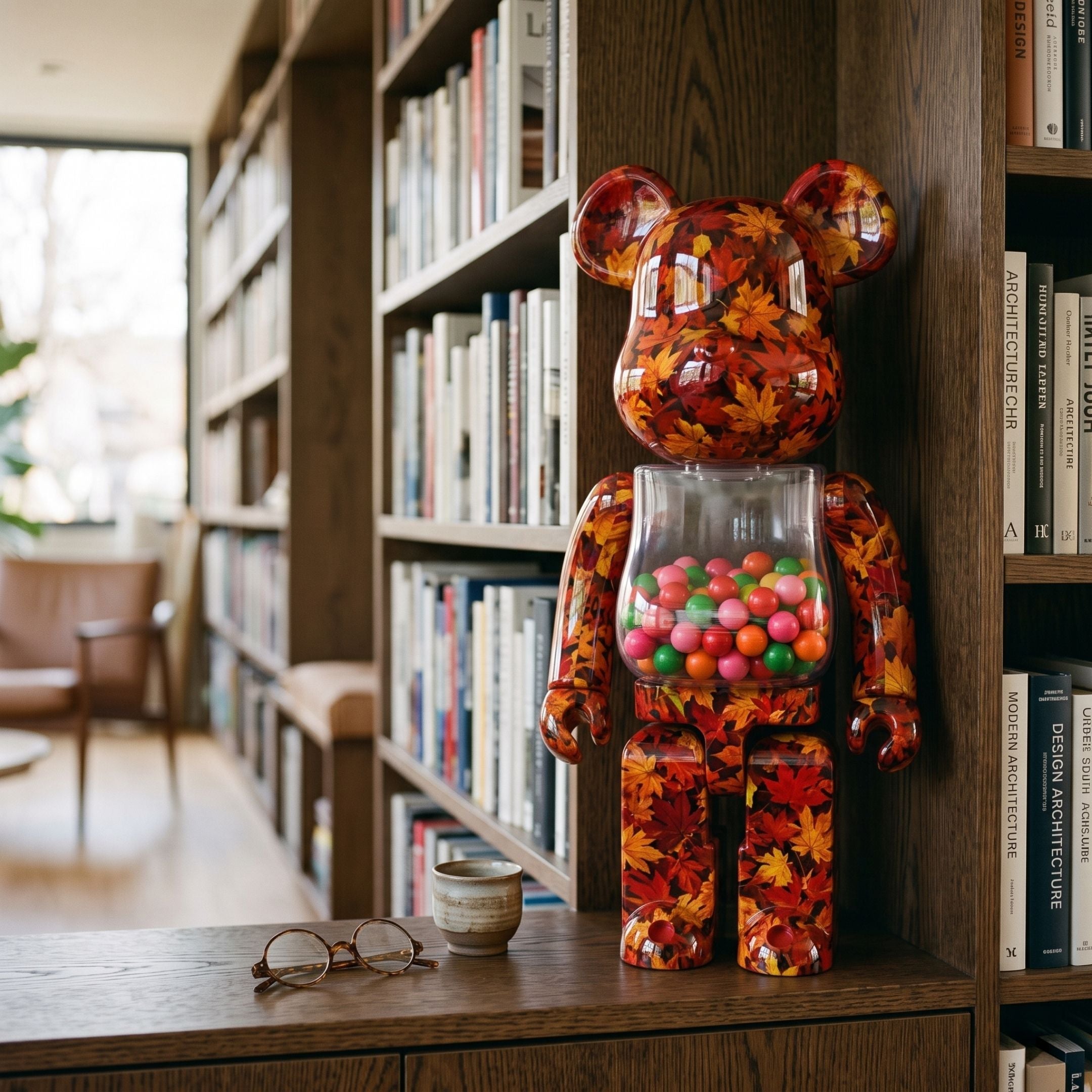 Autumn Foliage Bear Sculpture (70cm) by Giant Sculptures, resin bear with red-orange leaf pattern and gumball-filled belly, displayed on a shelf in a home library.