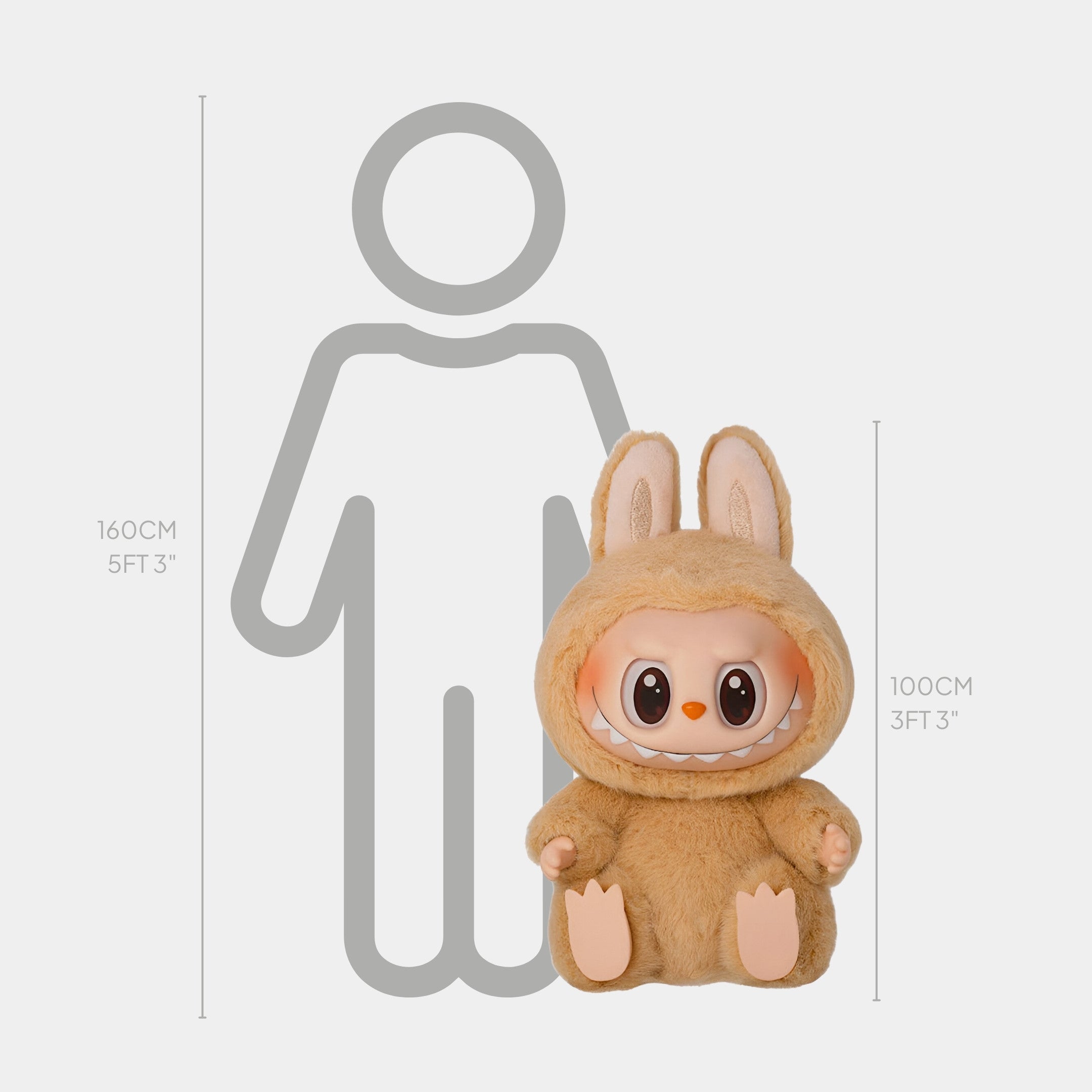The Giant Sculptures Fluffy Monsters Sandy Beige Labubu Sculpture - 100cm, featuring big eyes, a wide smile, and a bunny costume, stands beside a 160cm (5 ft 3 in) outline for scale.