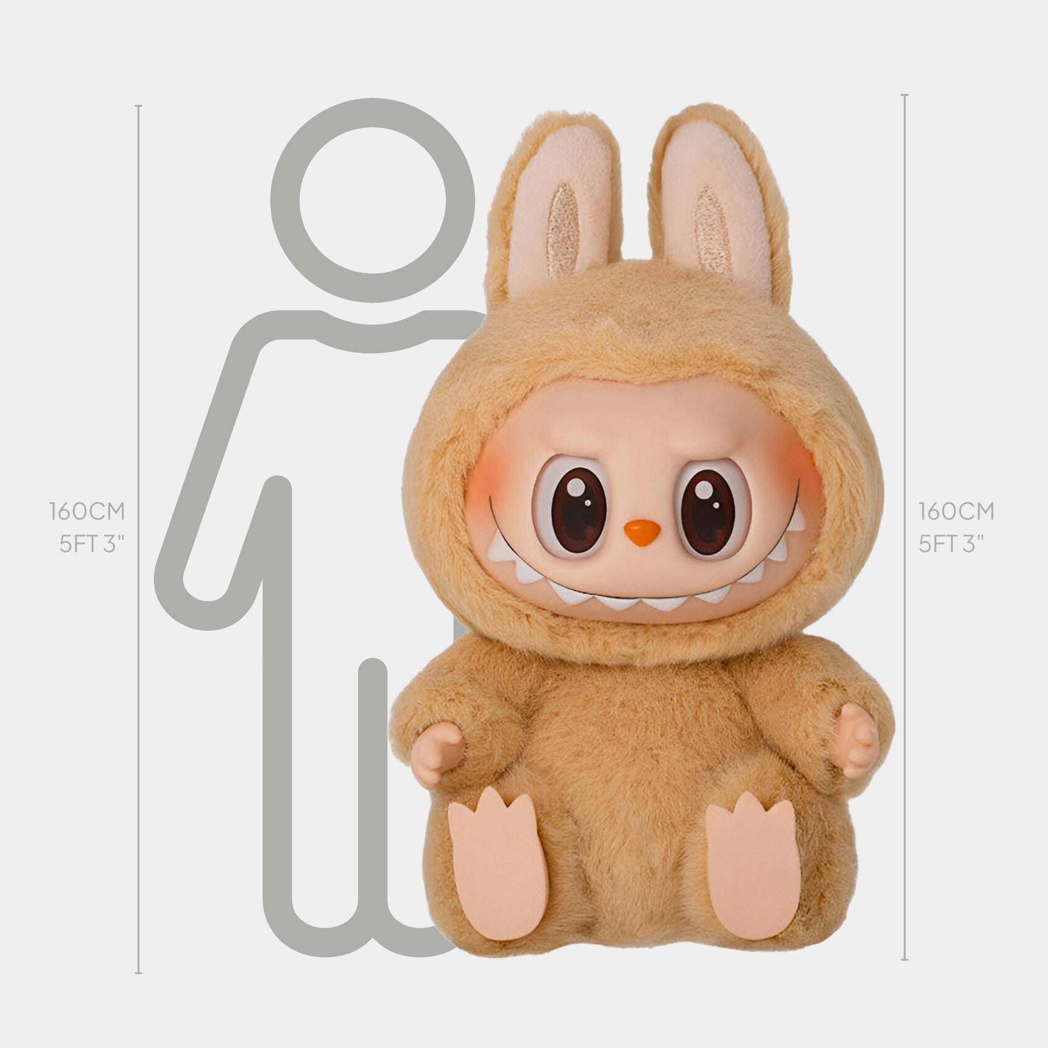 The Giant Sculptures Fluffy Monsters Sandy Beige Labubu Sculpture - 160cm, featuring a round face, big eyes, sharp teeth, and bunny ears, is shown next to a human outline to highlight its size compared to an adult.