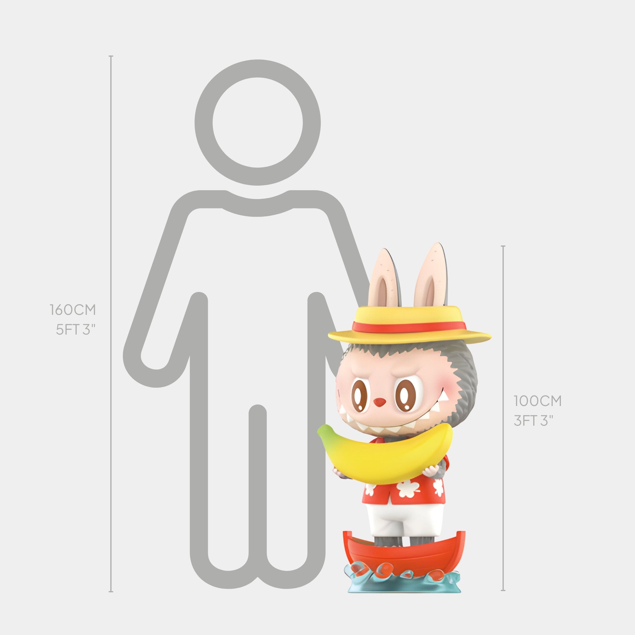 The Giant Sculptures Banana Fruit Labubu Sculpture - 100cm shows a cute bunny in a red floral outfit and yellow hat, holding a banana on a red boat, displayed beside a 160cm person outline for scale.