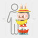 The Banana Fruit Labubu Sculpture - 160cm by Giant Sculptures is a pop-art figure of a bunny-eared animal in a yellow hat, red shirt, and white shorts, holding a large banana in a red boat and standing beside a person outline.