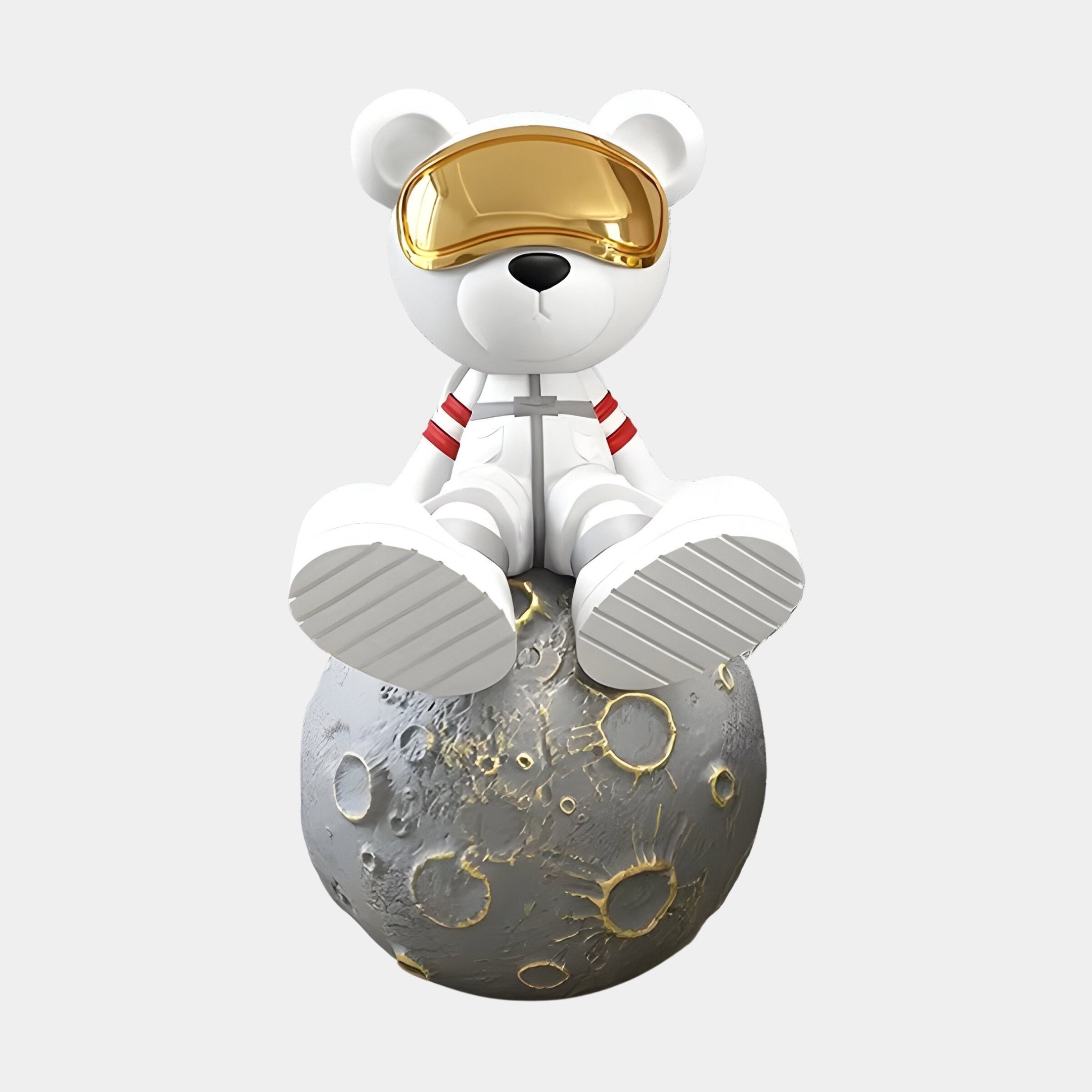 The Nova White Astronaut Bear Moon Sculpture by Giant Sculptures features a cosmic bear in a golden visor and red-striped space suit, sitting on a gray moon sphere with large feet against a plain white background, making it an eye-catching space exploration ornament.