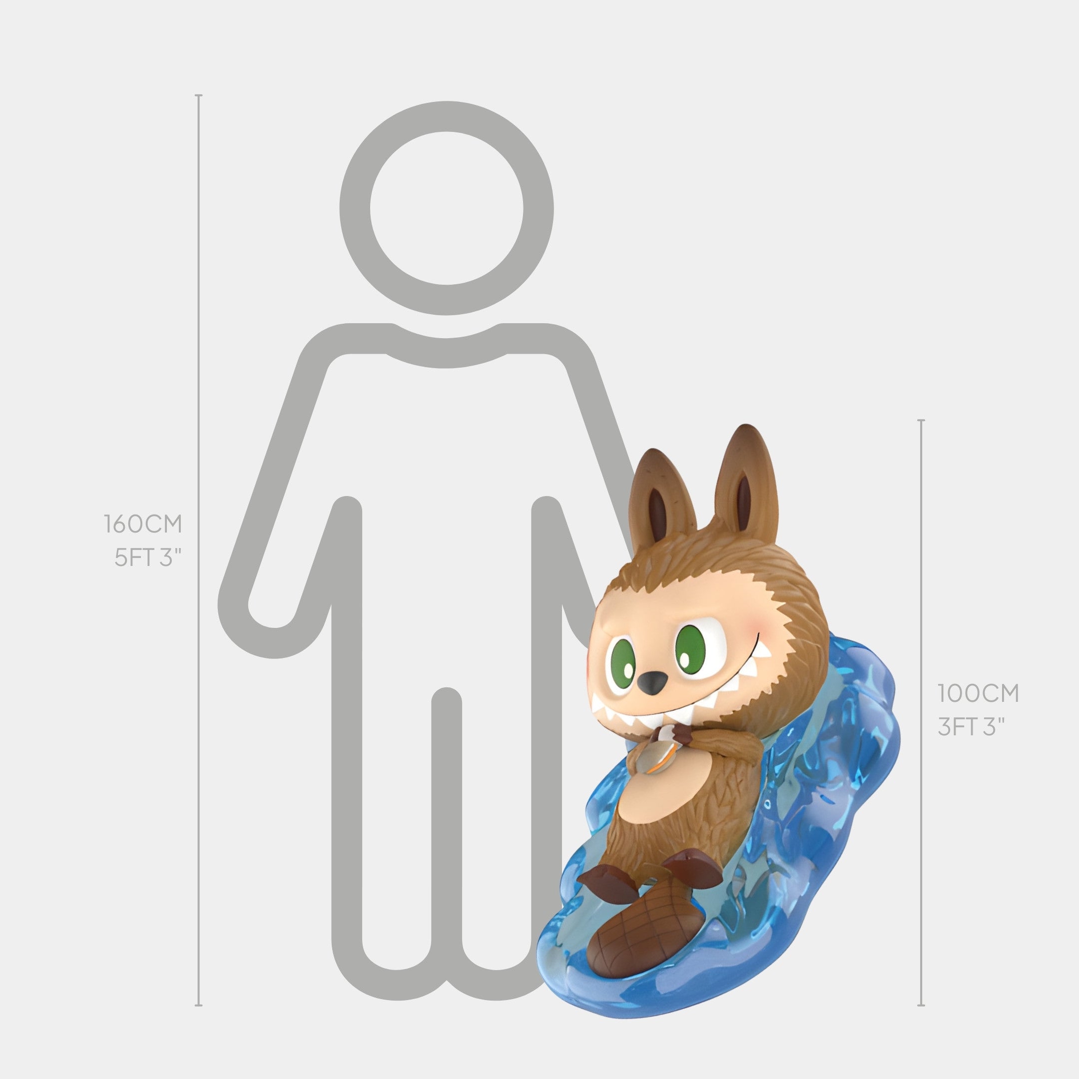 The Giant Sculptures Animal Beaver Labubu Sculpture - 100cm features a cute, brown beaver with big green eyes and rabbit-like ears riding a blue splash, shown beside a 160cm grey human outline for an appealing size comparison.