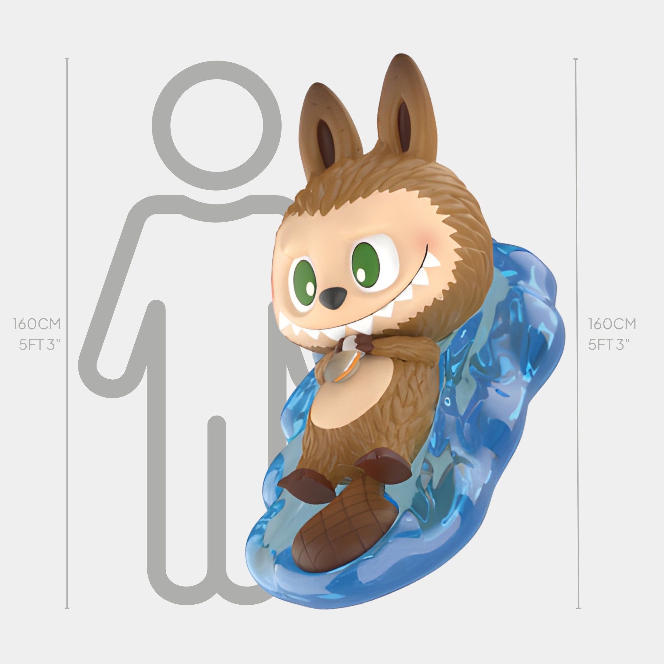 The Giant Sculptures Animal Beaver Labubu Sculpture - 160cm features a cute, cartoon-like beaver with big green eyes and large ears sliding on blue water—perfect as an indoor fiberglass installation, shown with a height chart and human silhouette.