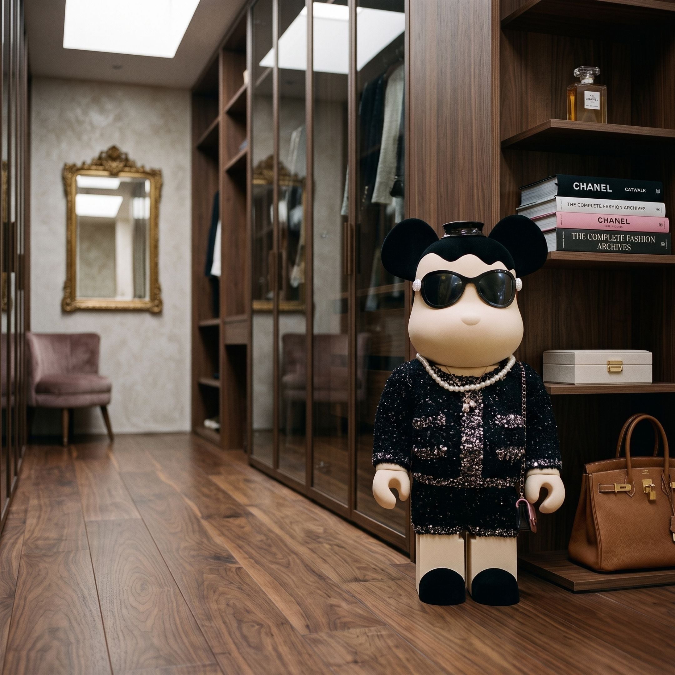 Black Couture Bear Sculpture, 70cm, in sunglasses, pearl necklace, sequined skirt and bouclé jacket, displayed in a wardrobe room with wooden shelving and books.