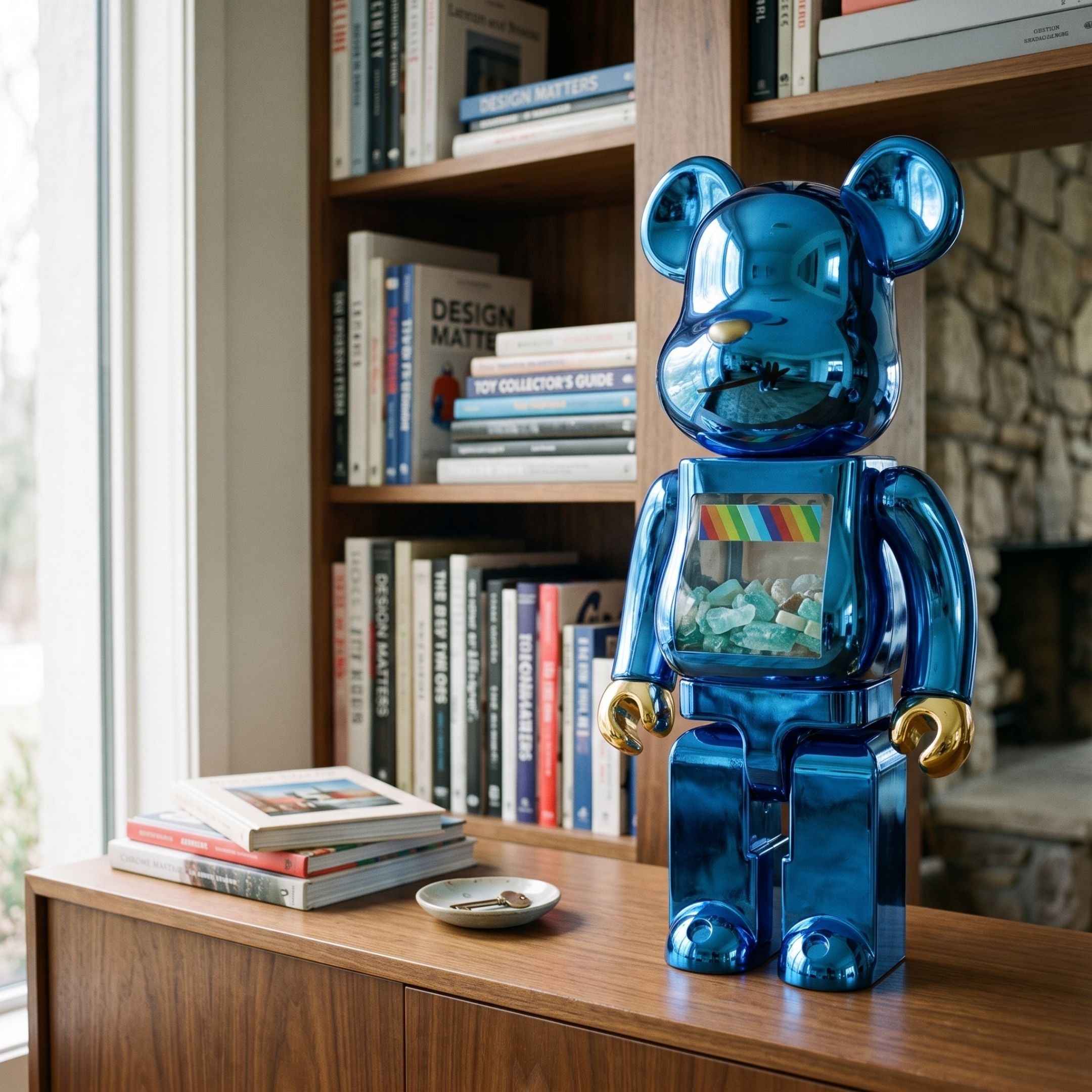 Spectrum Blue Bear Sculpture - 70cm in metallic blue with chrome ears and paws and a rainbow chest panel, displayed on a wooden cabinet beside a bookshelf.