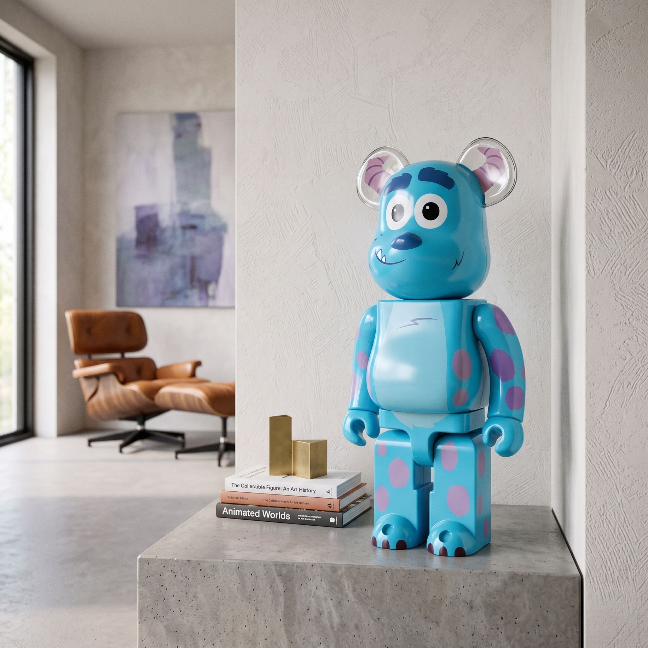 Blue Spotted Horn Bear Sculpture (70cm) by Giant Sculptures displayed on a concrete plinth in a modern living room with books and an Eames lounge chair nearby.