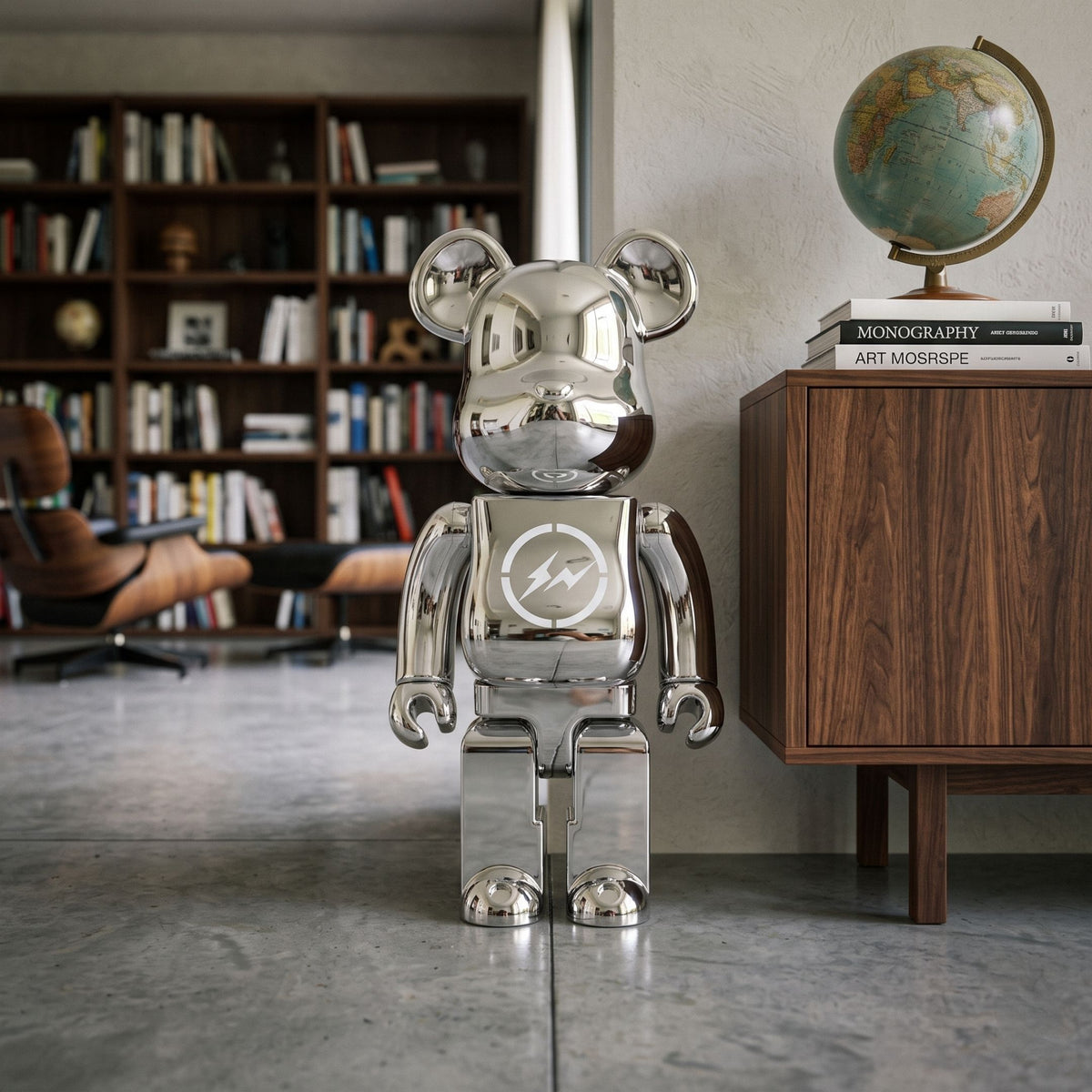 Bolt Emblem Chrome Bear Sculpture, 70cm, standing on a concrete floor beside a walnut cabinet with books and a globe in a home library setting.
