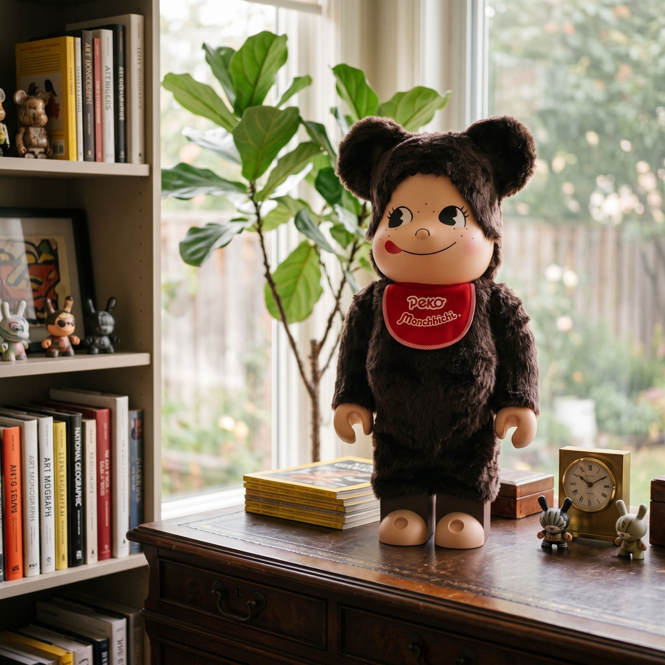 Smiley Fuzzy Plush Bear Sculpture - 70cm by Giant Sculptures, brown faux-fur bear with red bib, displayed on a wooden desk near a bookshelf and window.