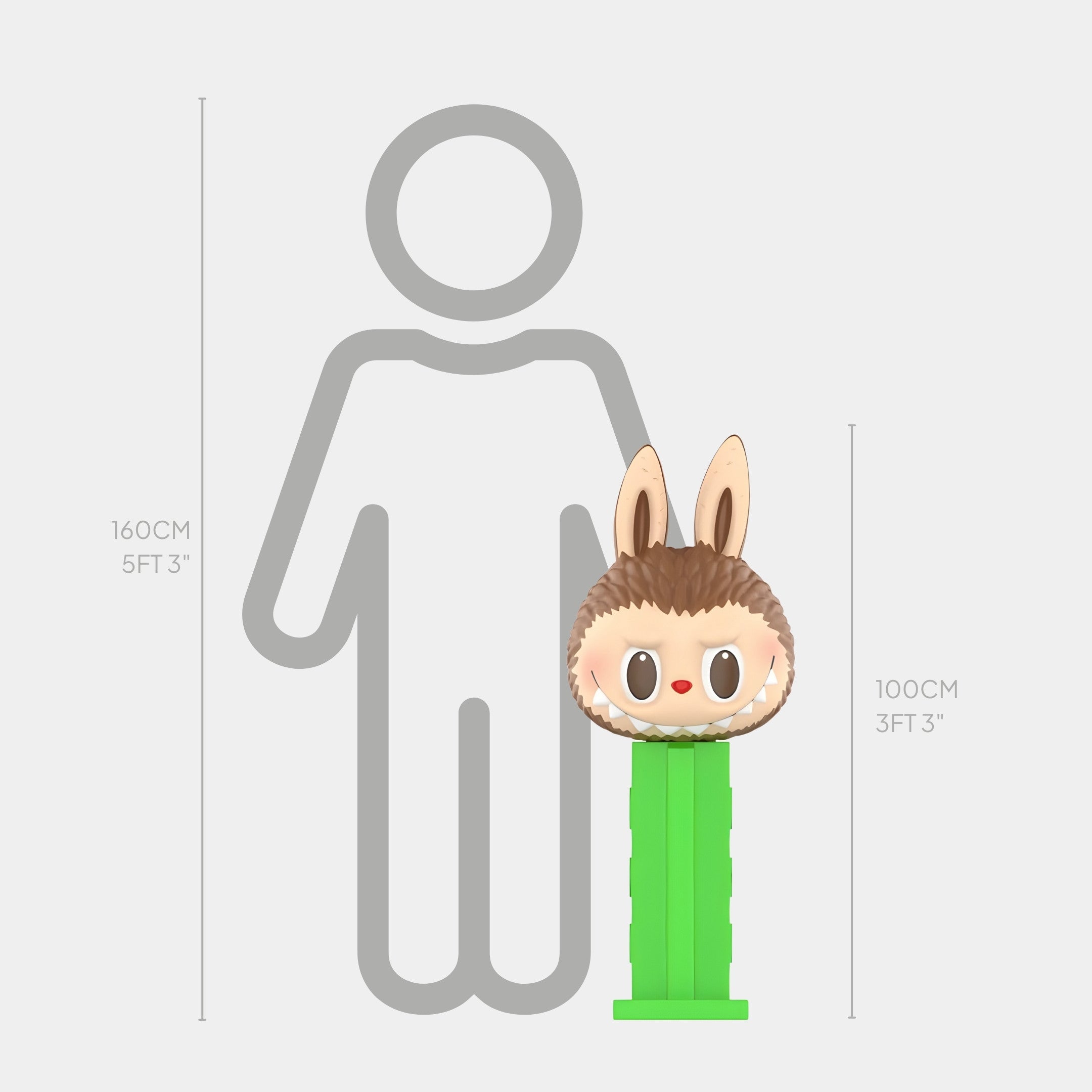 The Buz Candy Labubu Sculpture by Giant Sculptures is a 100cm-tall, cartoonish brown rabbit head with big ears on a green stick, shown beside a gray 160cm outline of a person for scale. This fibreglass piece adds whimsical charm to any space.