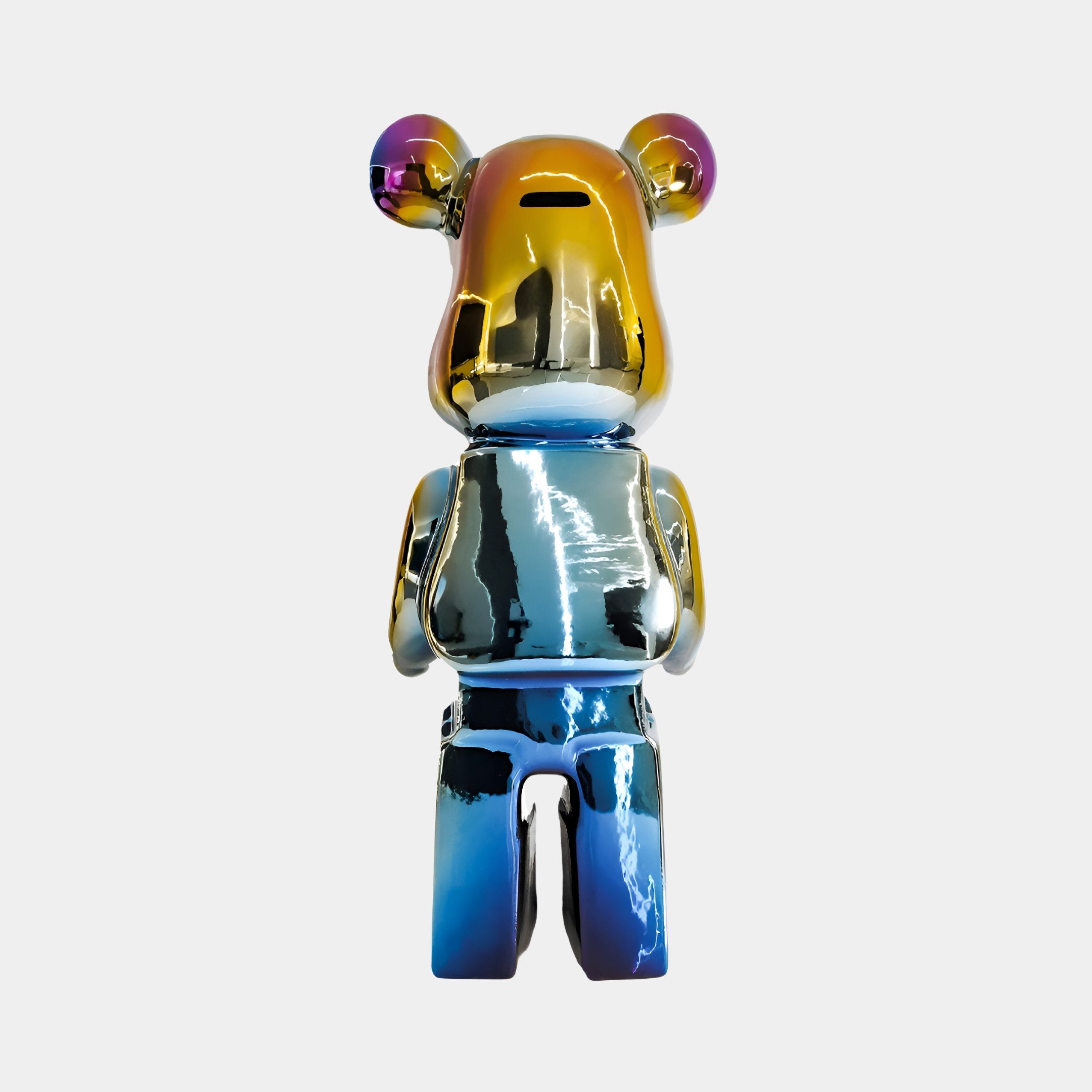 Rear view of the 50cm Colour Shift bear sculpture with vibrant and reflective chromatic finishes.