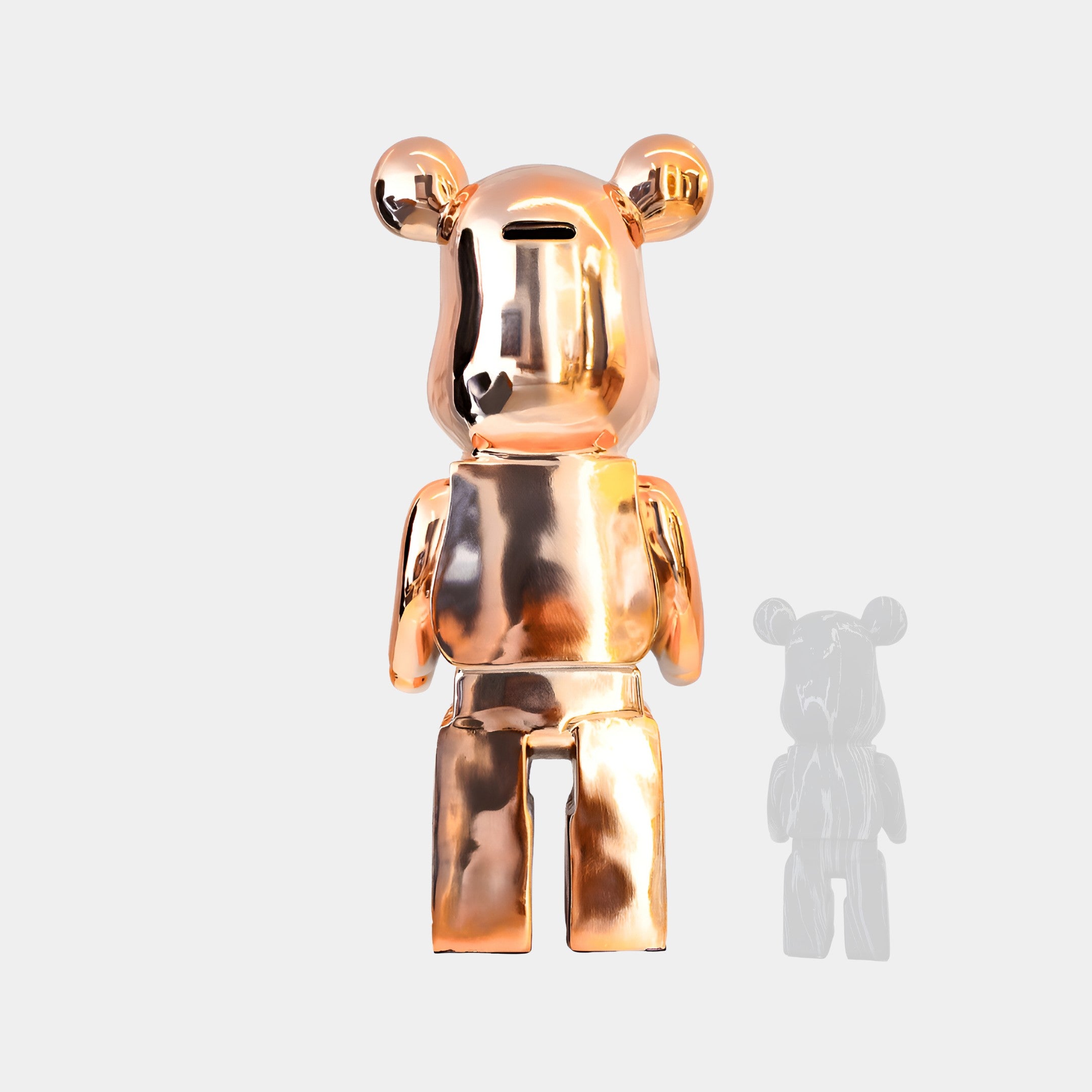 Rose Gold Bear Sculpture 135cm - Rear View, capturing the reflective rose gold surface from the back.