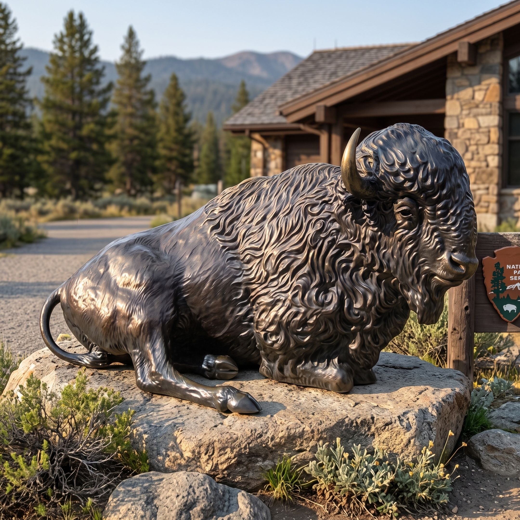 Life-Size Recumbent Bison Bronze Sculpture, 200cm, resting on a stone base outside a park visitor center with mountain and forest backdrop.