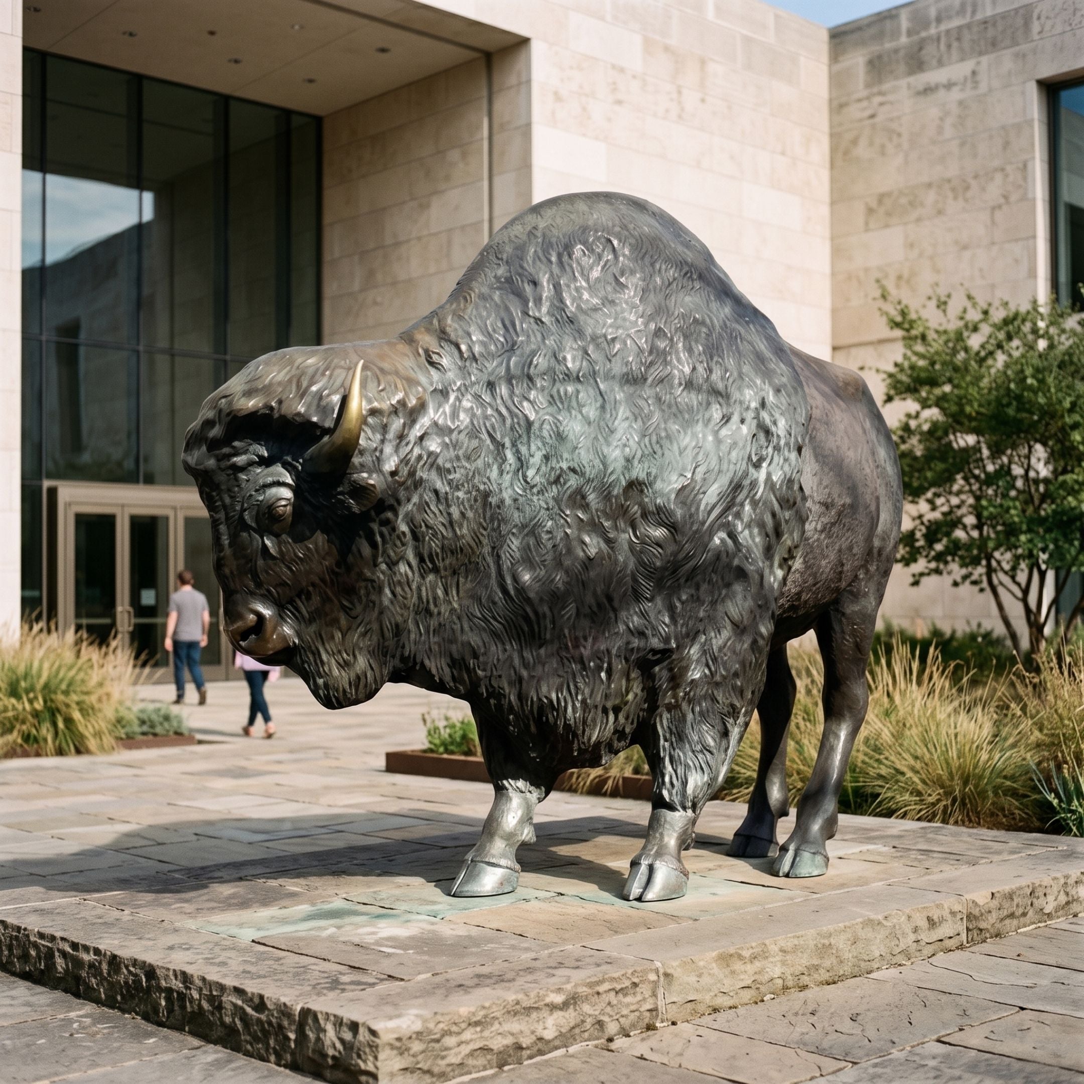 Monumental Standing Bison Bronze Sculpture, 250cm, dark antique-patina finish, head lowered on a stone plinth outside a modern building entrance.