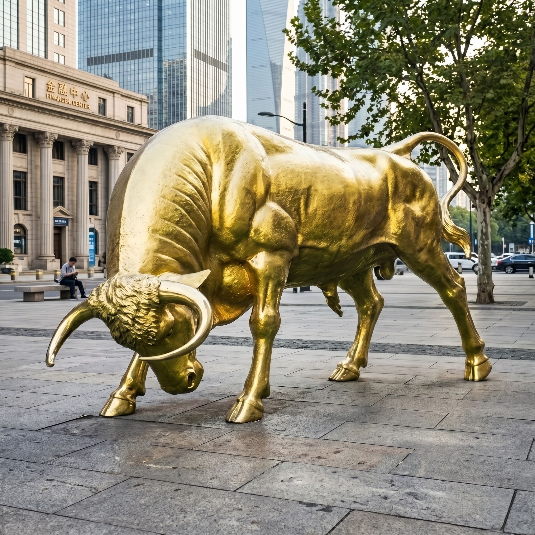 Life-Size Contemporary Charging Bull Bronze Sculpture in polished gold, 200cm, head lowered and horns forward, displayed outdoors on a paved plaza near city buildings.