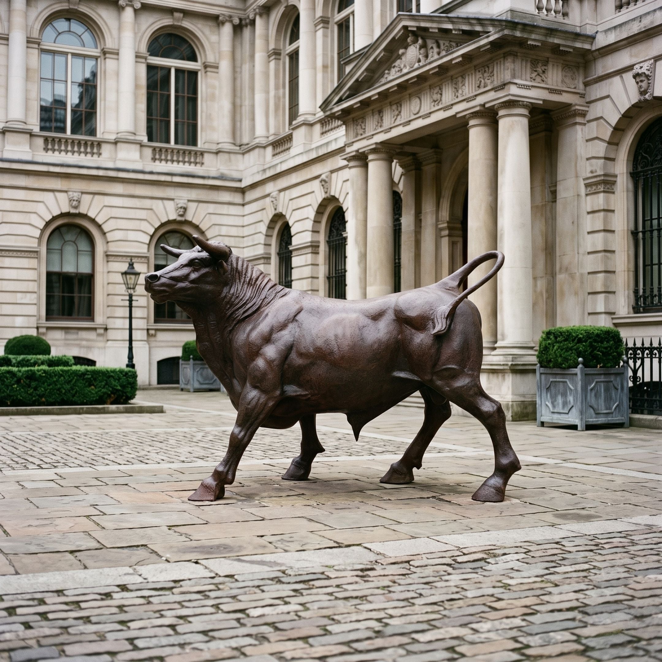 Monumental Traditional Charging Bull Bronze Sculpture (220cm) by Giant Sculptures, dark bronze finish, shown mid-stride on stone pavement outside a classical building.