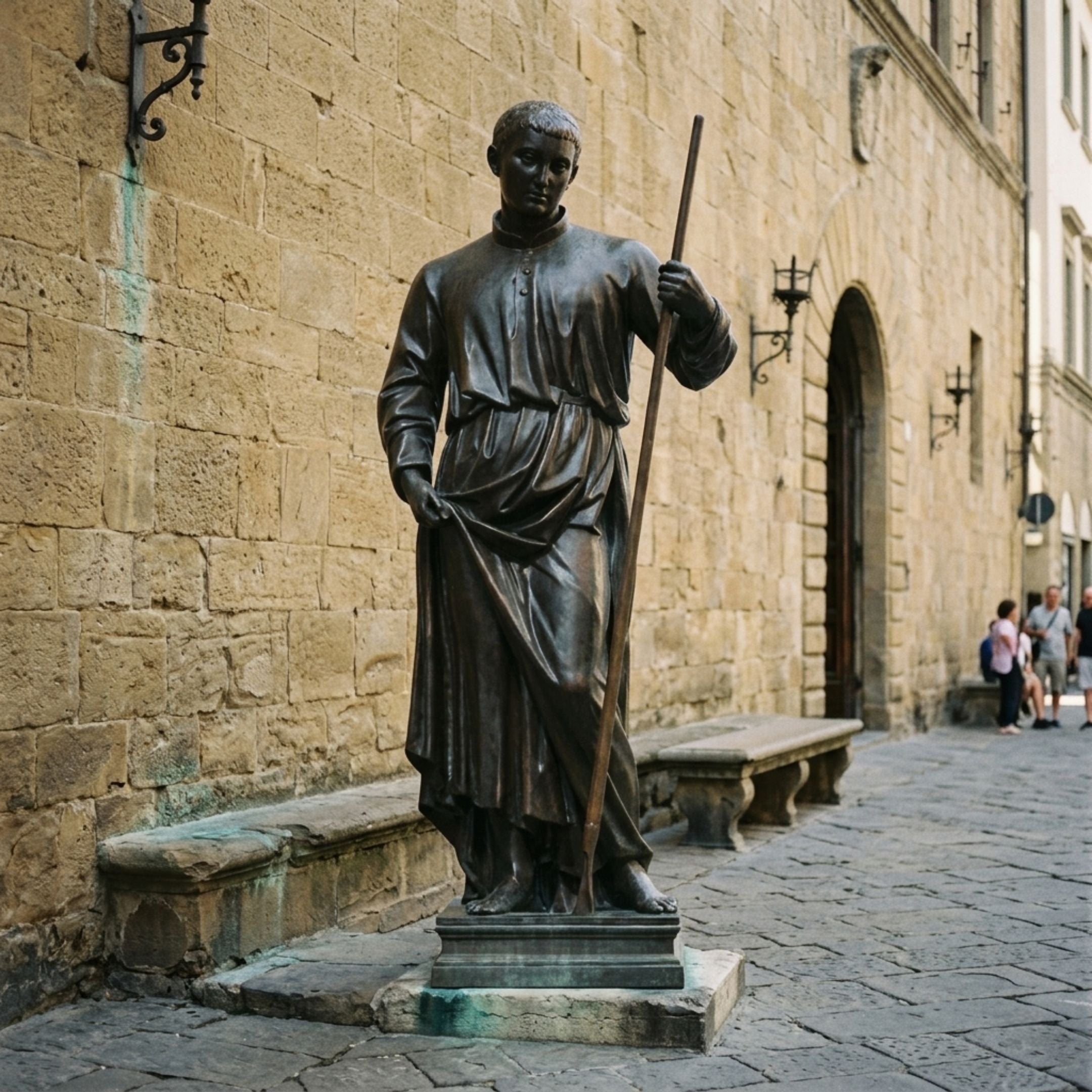 Large Classical Robed Saint Bronze Sculpture, 220cm, standing figure in draped robes holding a tall staff, on a stone plinth along a city street.