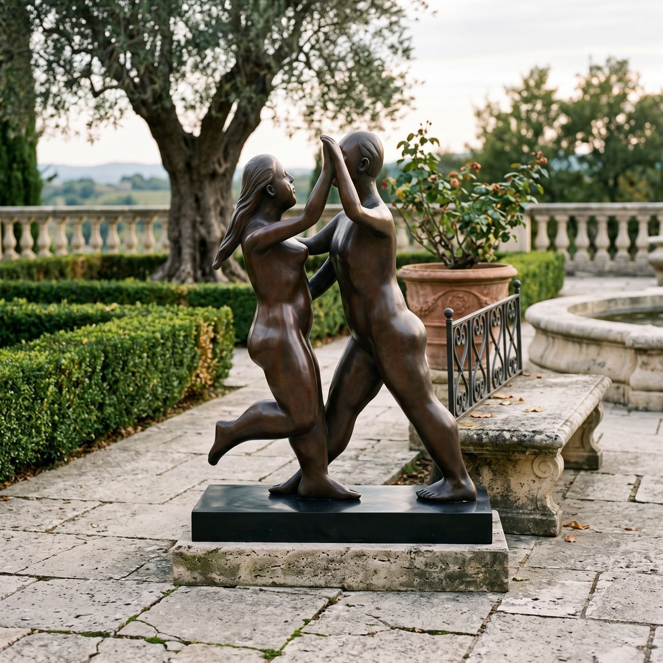 Contemporary Dancing Figures Bronze Sculpture - 100cm on a black base, shown outdoors on a stone patio near a garden bench and fountain.
