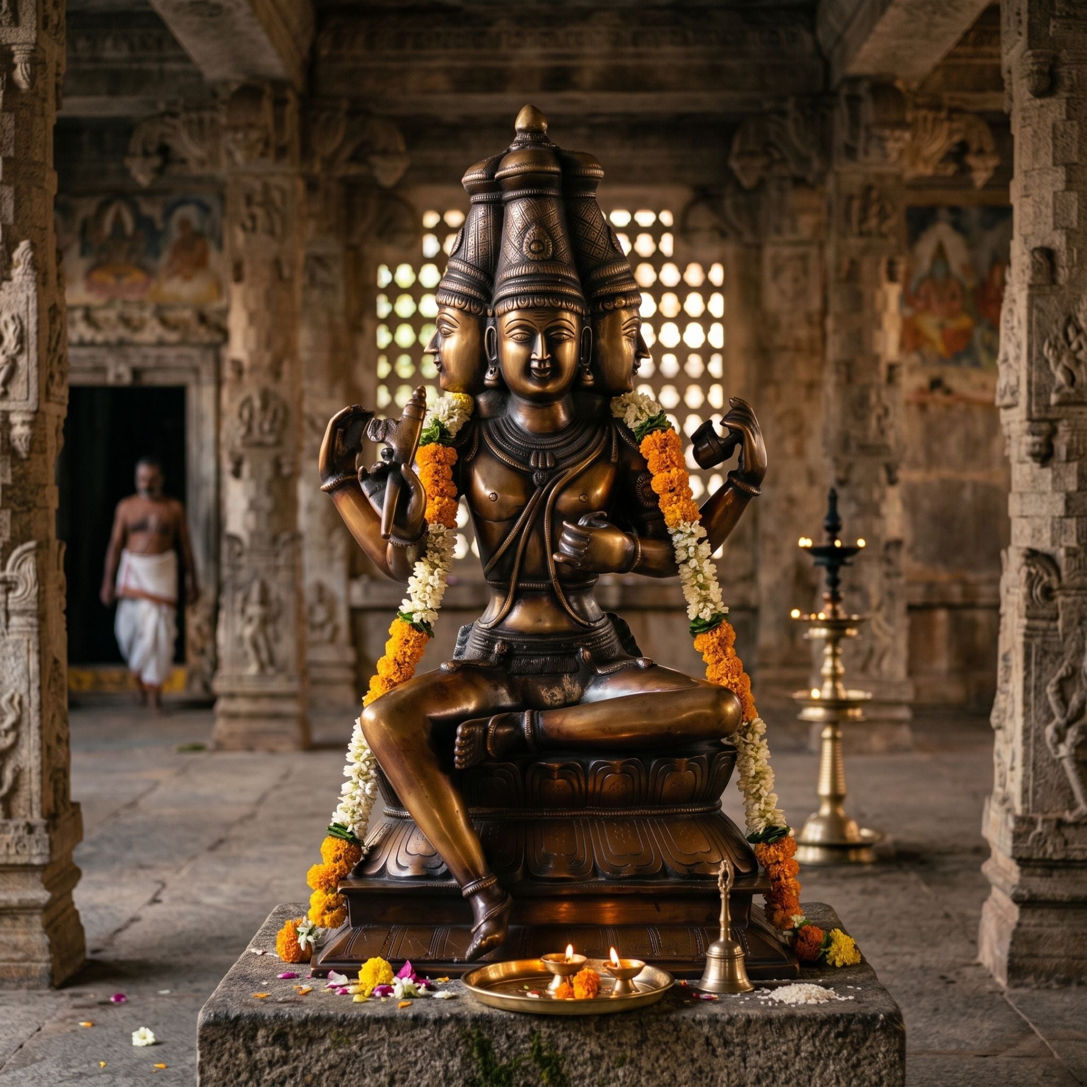Large Traditional Four-Armed Brahma Bronze Sculpture, 110cm, seated four-faced deity on a stone plinth in a temple hall, garlanded with marigold and jasmine.