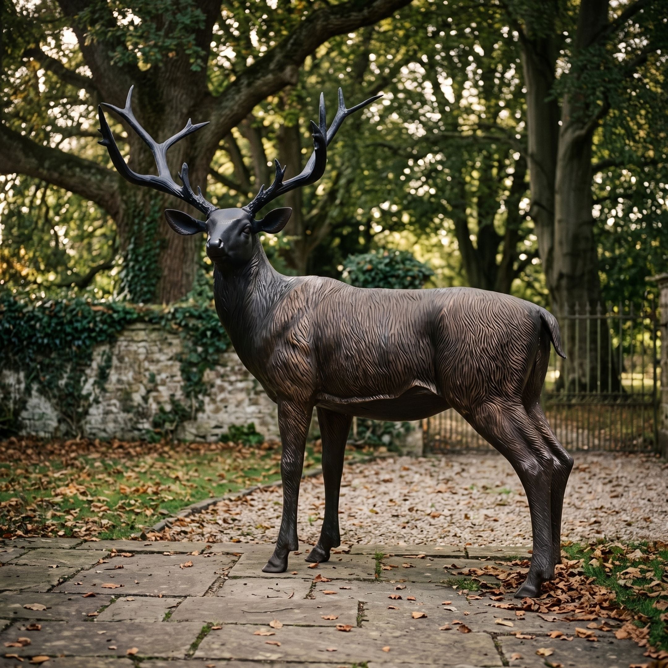 Life-Size Traditional Standing Stag Bronze Sculpture - 230cm by Giant Sculptures, dark bronze finish with wide multi-tined antlers, on a stone garden path amid trees.