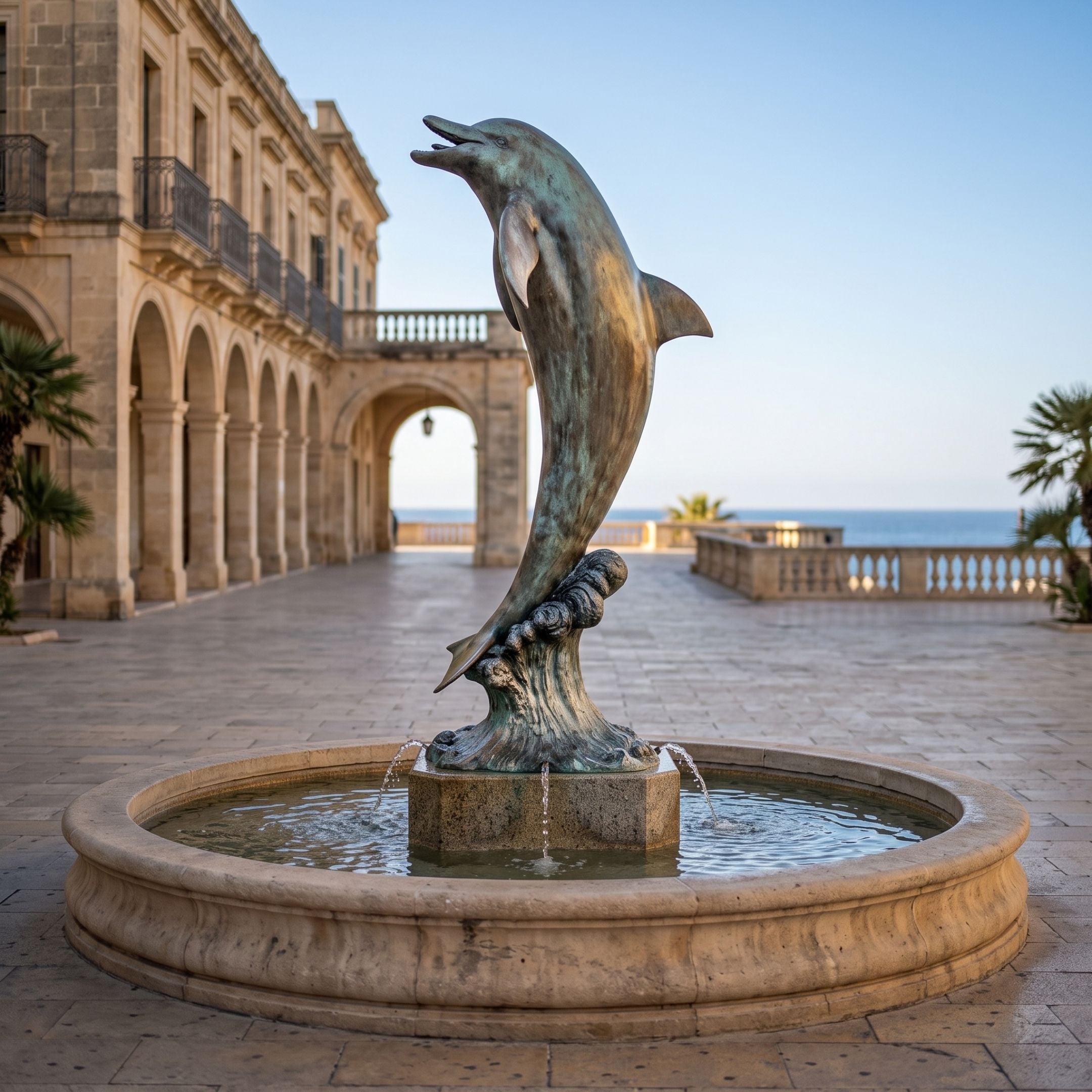 Life-Size Contemporary Leaping Dolphin Bronze Sculpture (250cm) with warm patina, arched mid-leap above a coral-form base, set in a stone fountain on a coastal building terrace.