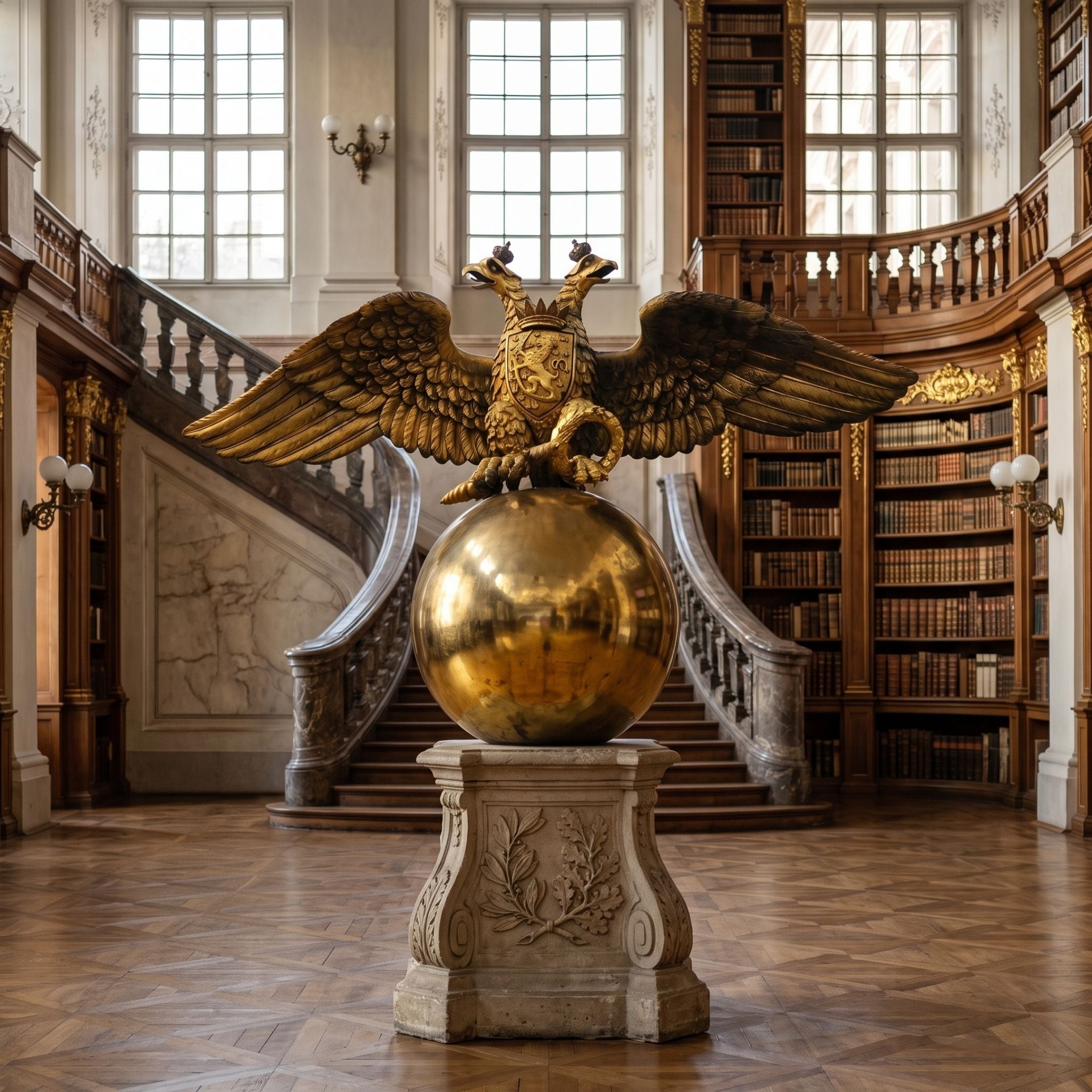 Monumental Heraldic Double-Headed Eagle Bronze Sculpture, 240cm, gold-toned with crowned heads and shield, on a sphere and stone pedestal in a library with staircase.
