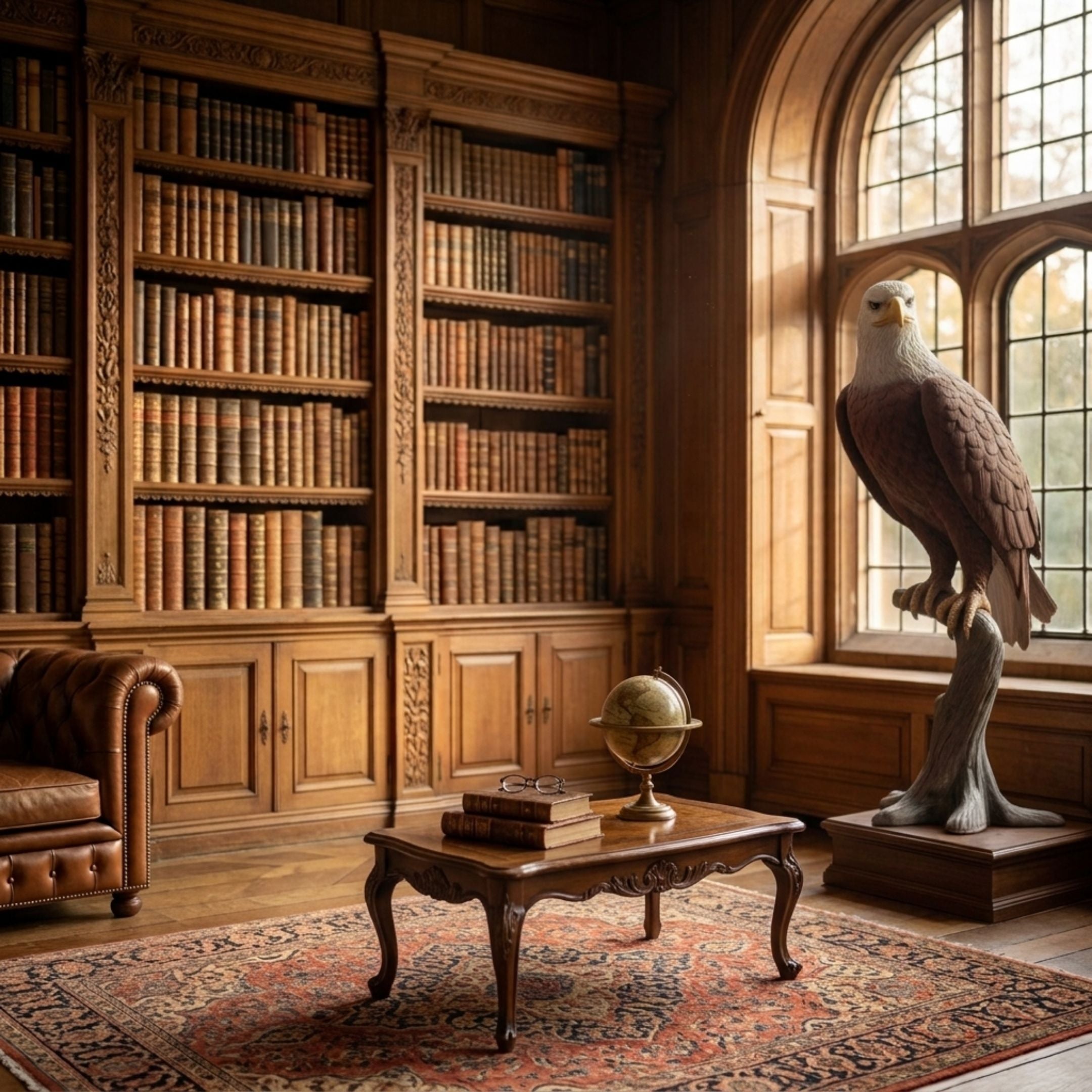 Life-Size Traditional Bald Eagle Bronze Sculpture - 110cm perched on a tree stump base by a window, displayed in a wood-paneled library beside a coffee table and globe.