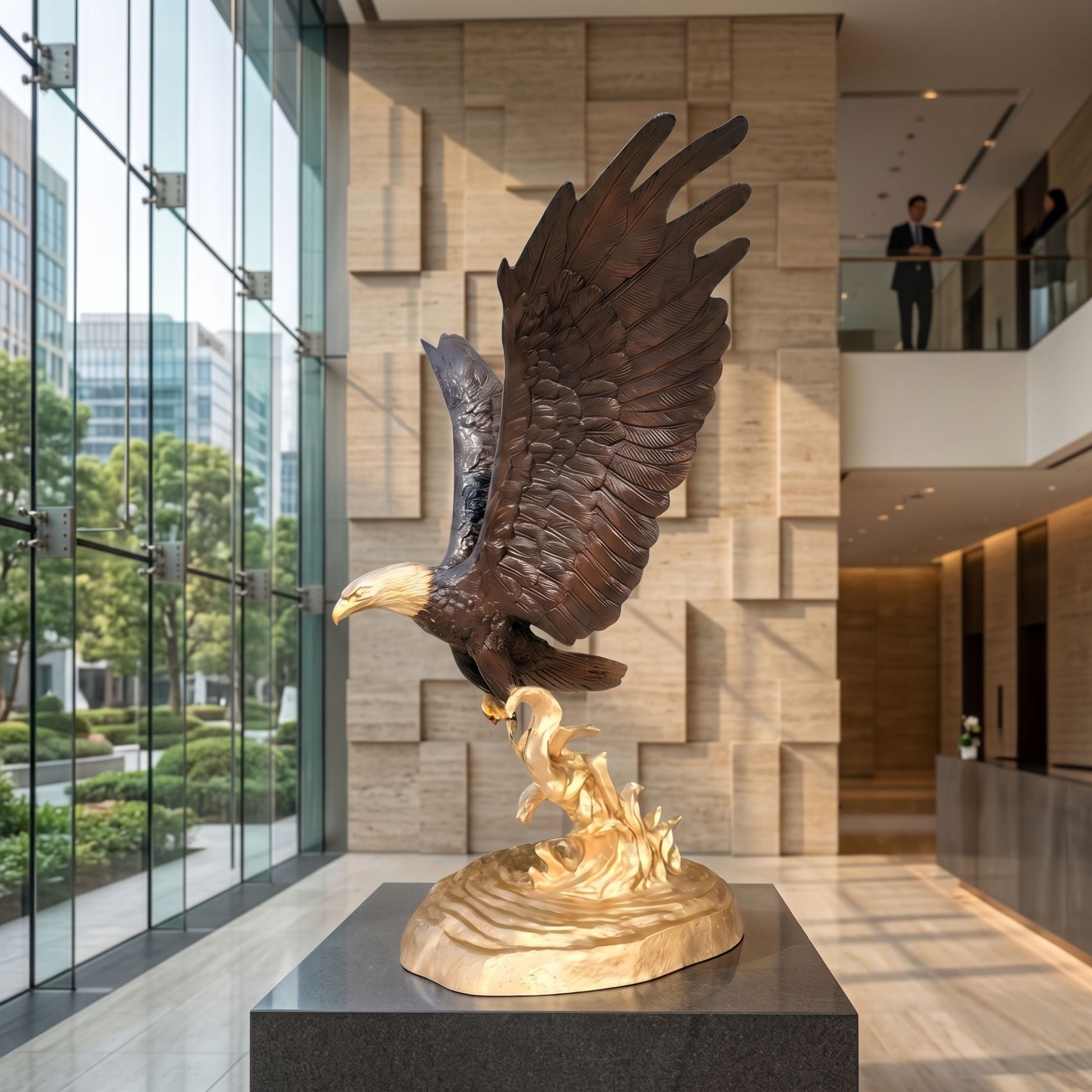 Monumental Traditional Flying Bald Eagle Bronze Sculpture, 200cm, wings spread with talons on gold-toned flame base, displayed on a pedestal in a marble-floored lobby.