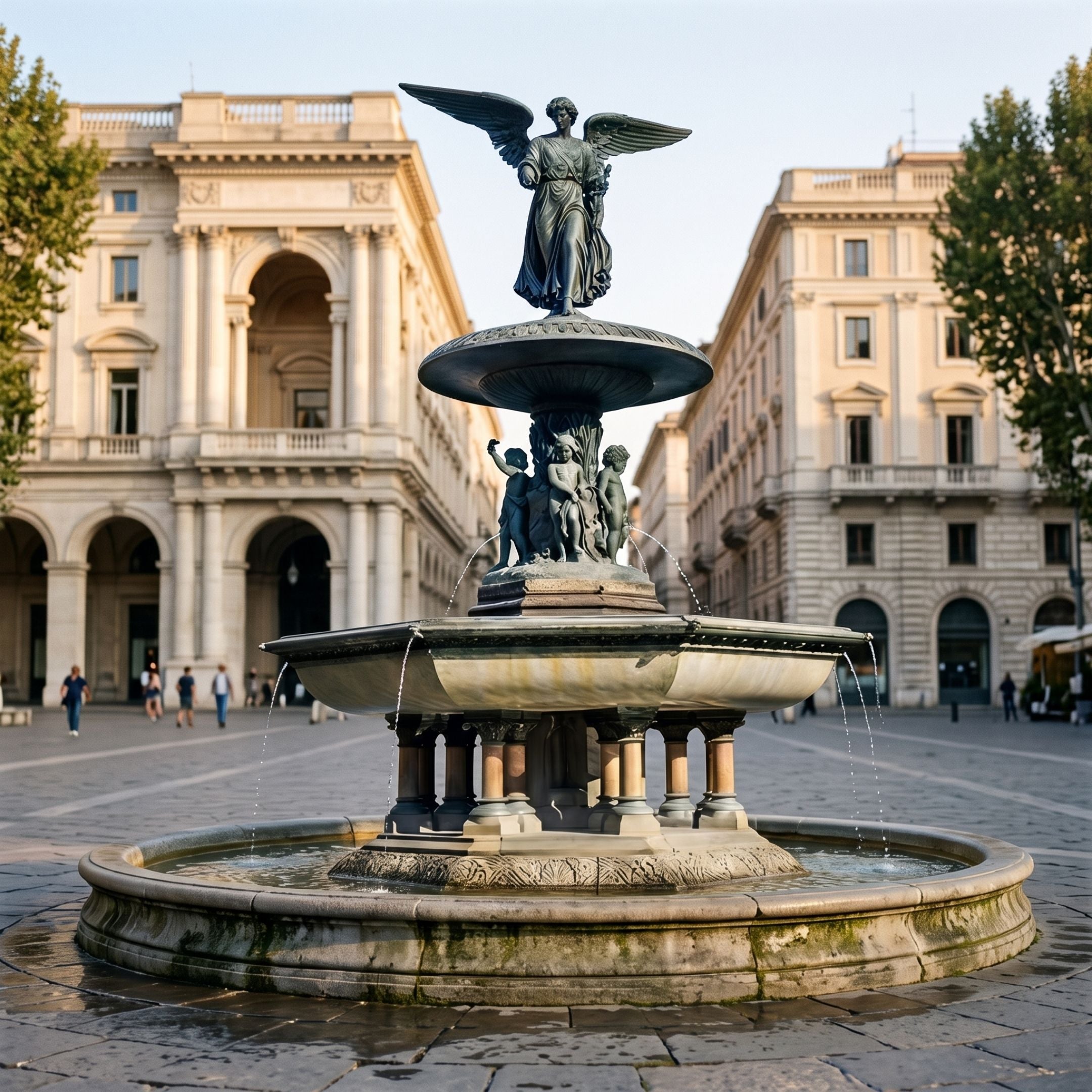 Monumental Classical Angel Bronze Fountain - 800cm, winged angel atop a tiered basin with bronze cherubs and columns, set in a stone plaza between historic buildings.