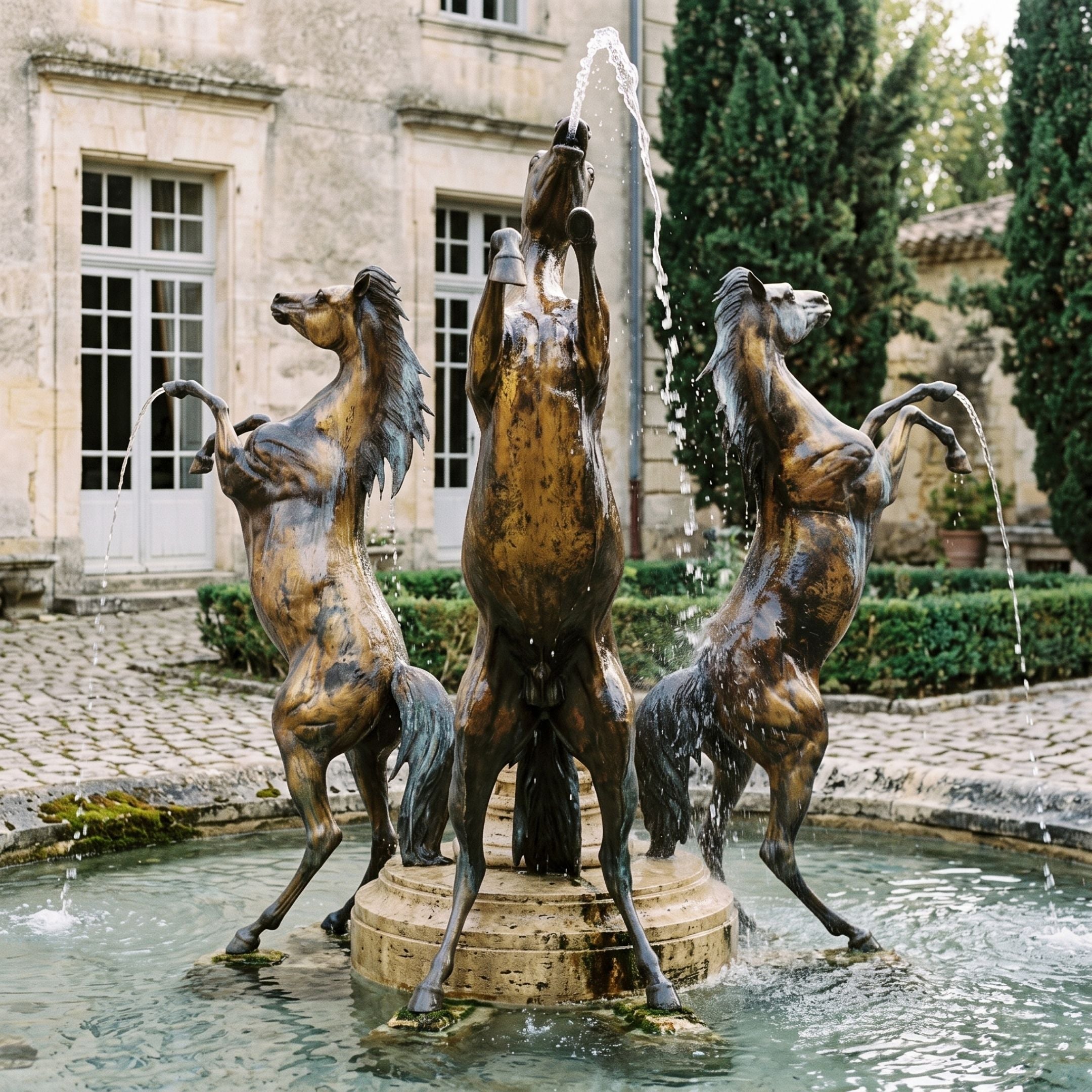 Monumental Classical Rearing Horses Bronze Fountain, 320cm, showing three bronze horses rearing around a central water jet in a courtyard pool.