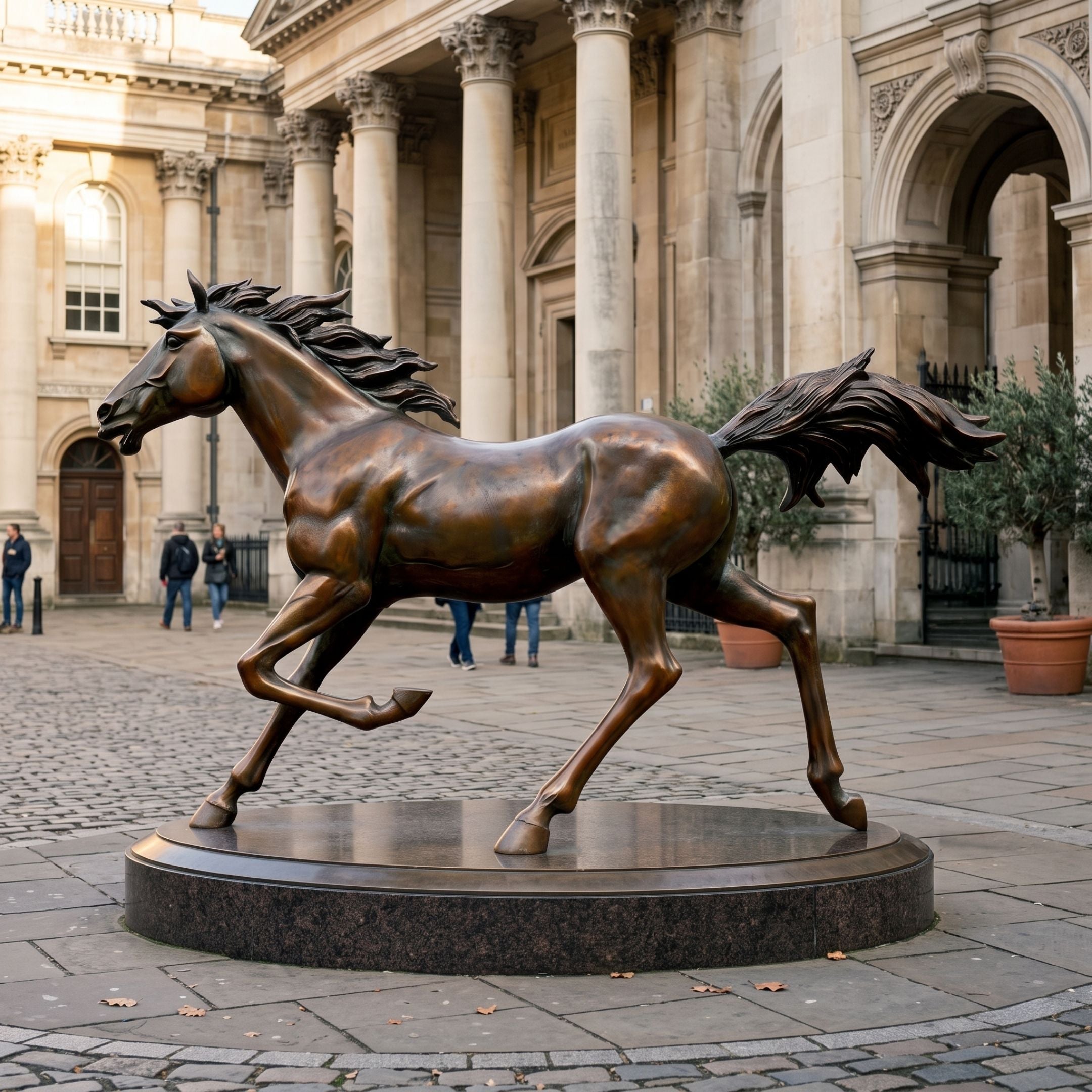 Large Traditional Galloping Horse Bronze Sculpture, 180cm, on a round plinth in a colonnaded courtyard with visitors nearby.