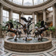Monumental Classical Eight Pegasus Bronze Fountain, 320cm, dark patina cast bronze winged horses rearing above a stone basin in a domed glass atrium.