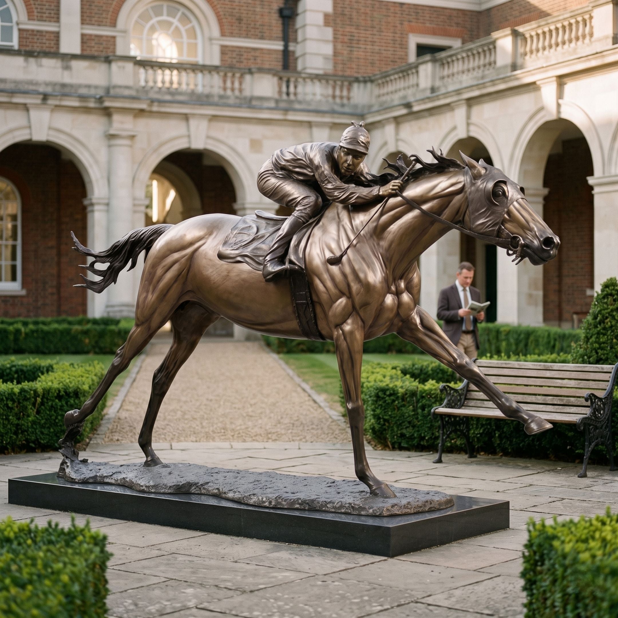 Life-Size Racehorse and Jockey Bronze Sculpture, 260cm, galloping pose on a black base in a courtyard setting with brick archways.