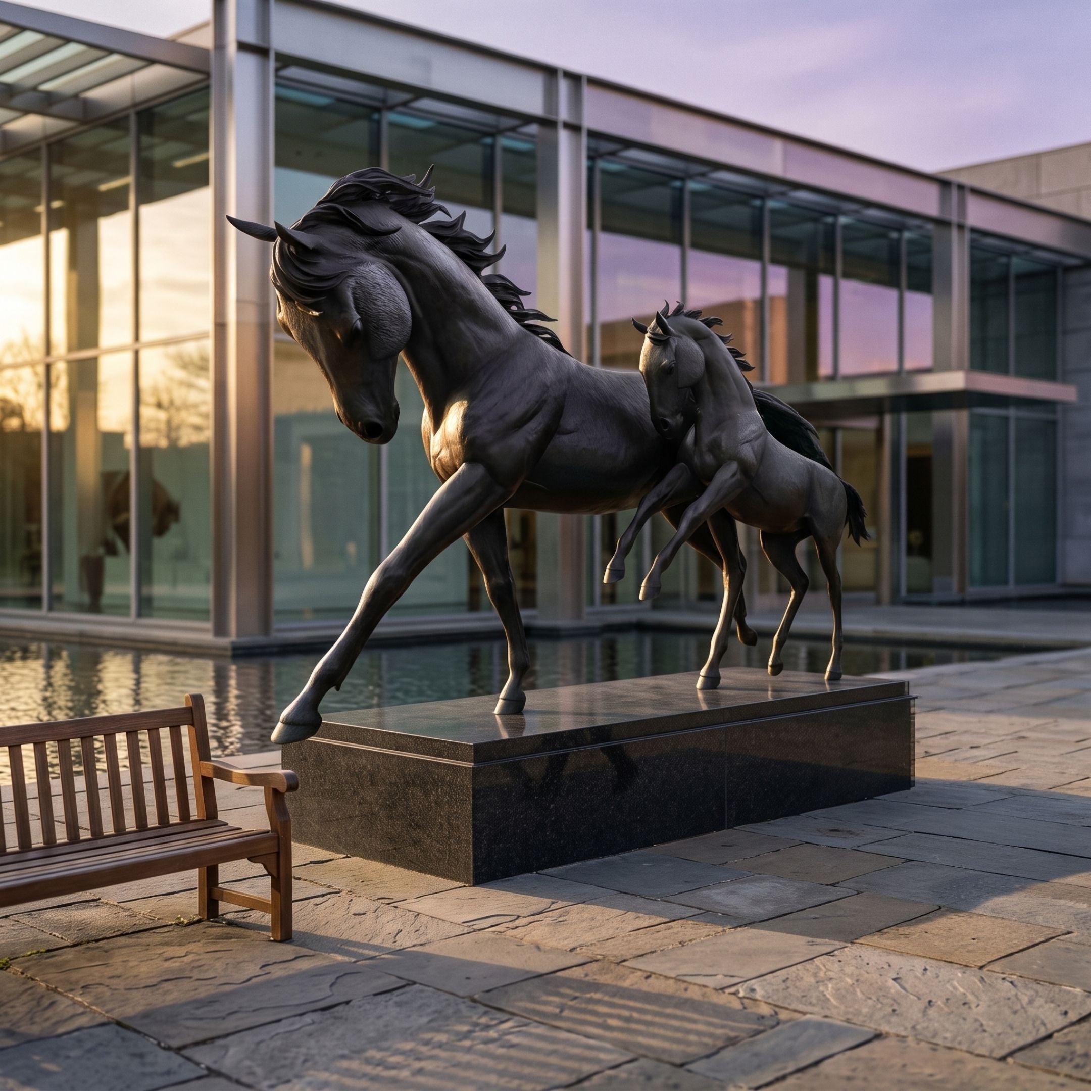 Large Traditional Standing Mare Bronze Sculpture, 260cm, mid-stride with a foal, mounted on a dark plinth in a courtyard beside a glass building and pool.