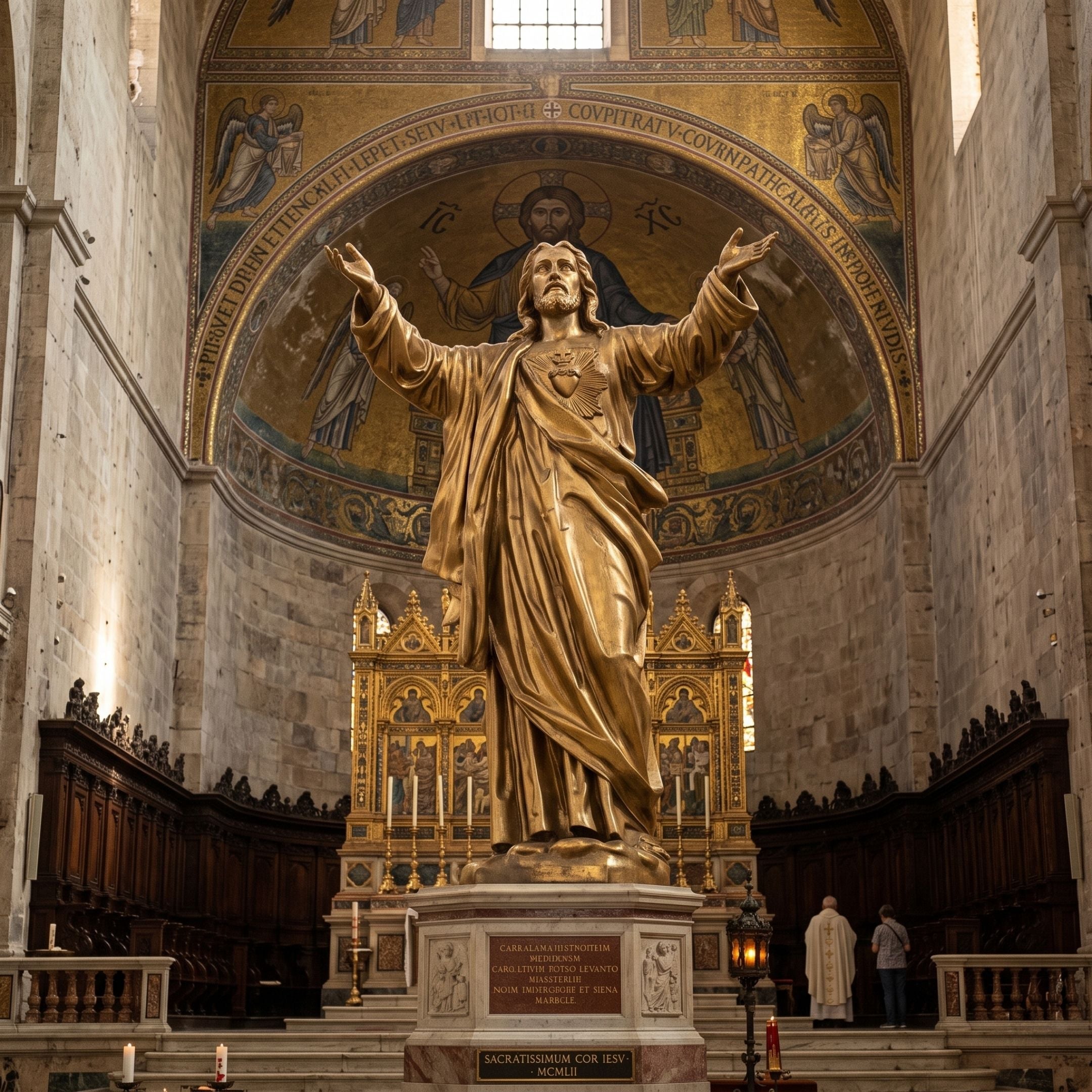 Monumental Classical Sacred Heart Jesus Bronze Statue, 400cm, gold-toned figure with arms raised in a cathedral apse above a gilded mosaic and marble altar.
