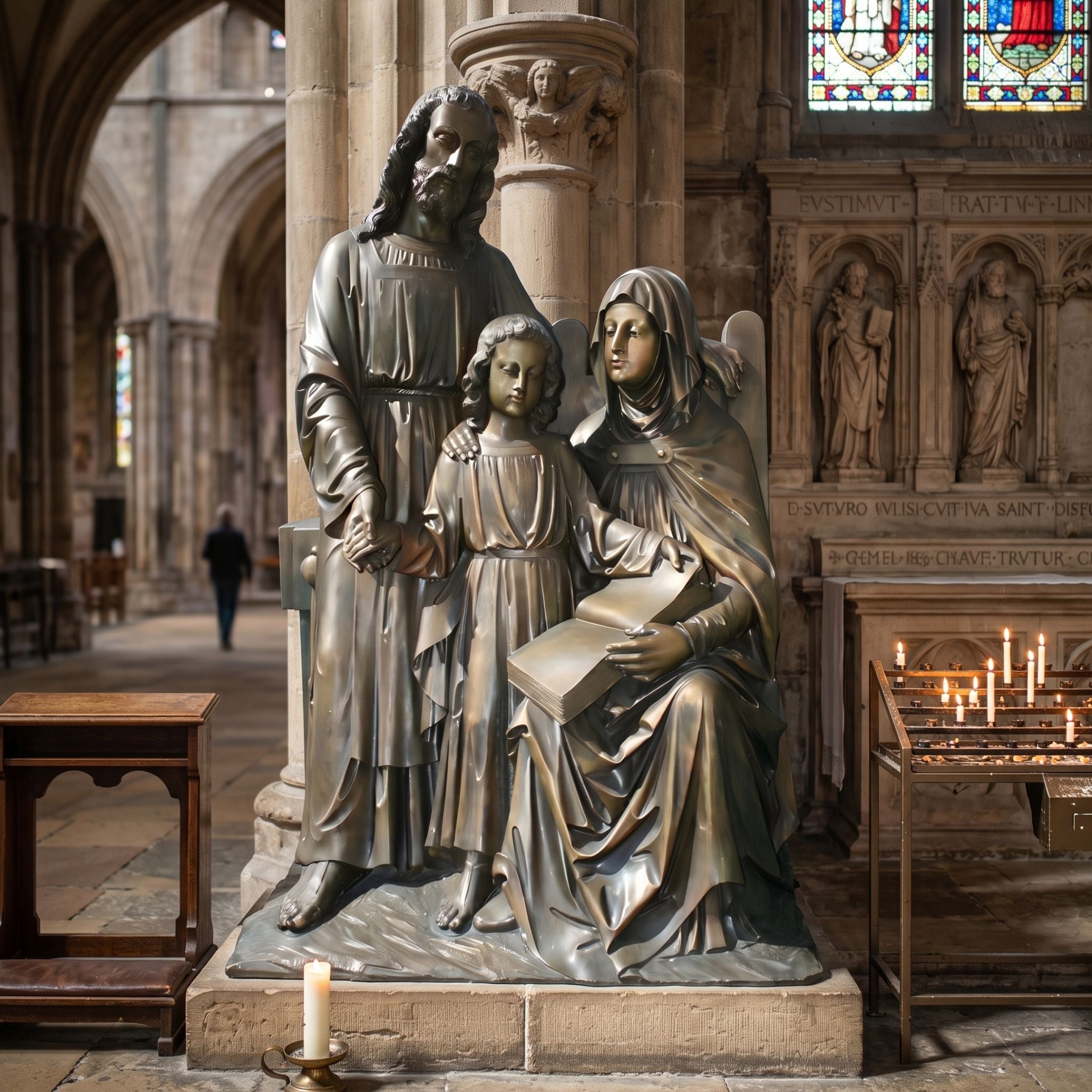 Life-Size Classical Holy Family Bronze Sculpture, 200cm, by Giant Sculptures, showing robed male, seated female with open scroll, and child, displayed inside a cathedral.