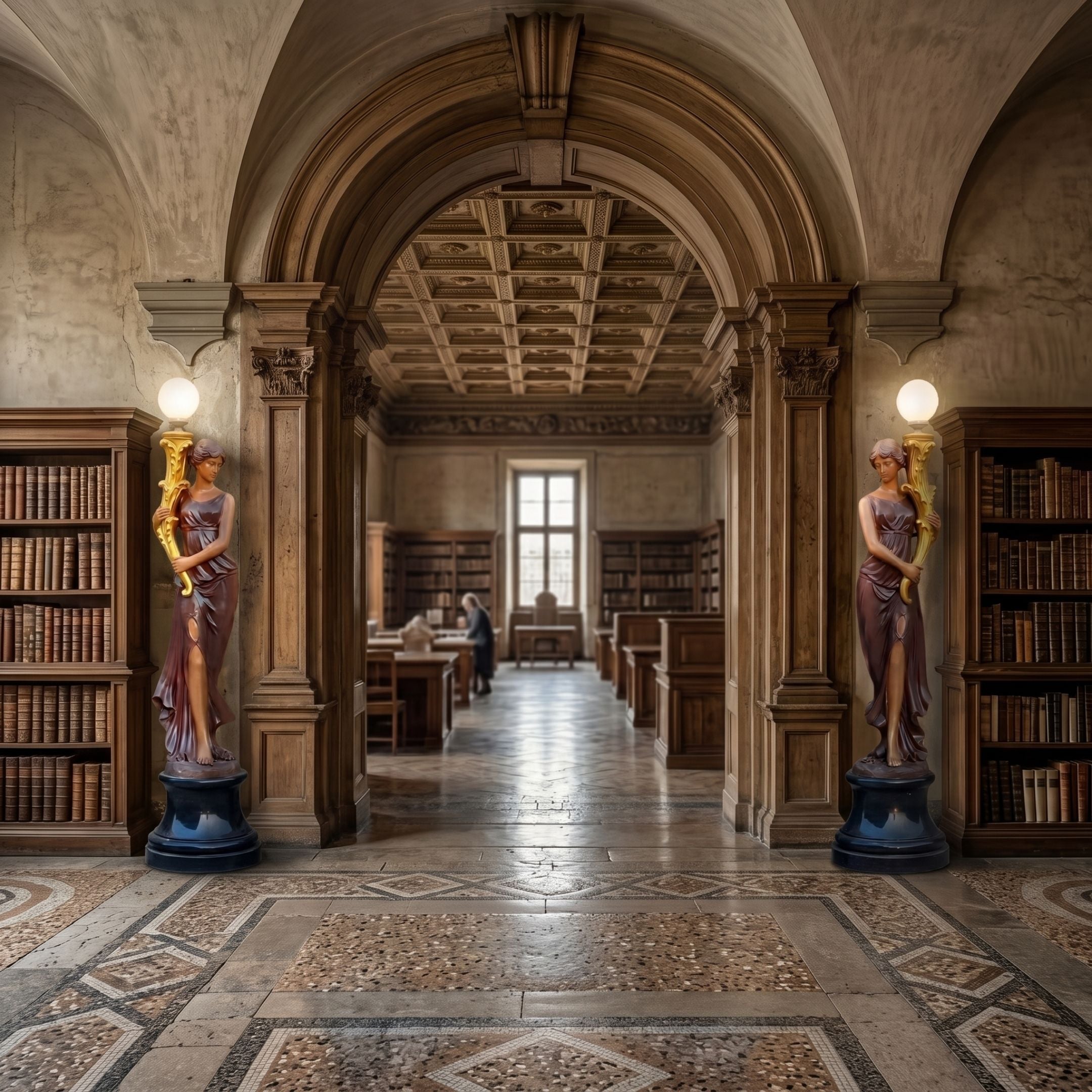 Monumental Classical Goddess Lamp Bearer Bronze Sculpture, 230cm, flanking a library archway on dark pedestals with gilt torch arms and glowing globe lamps.