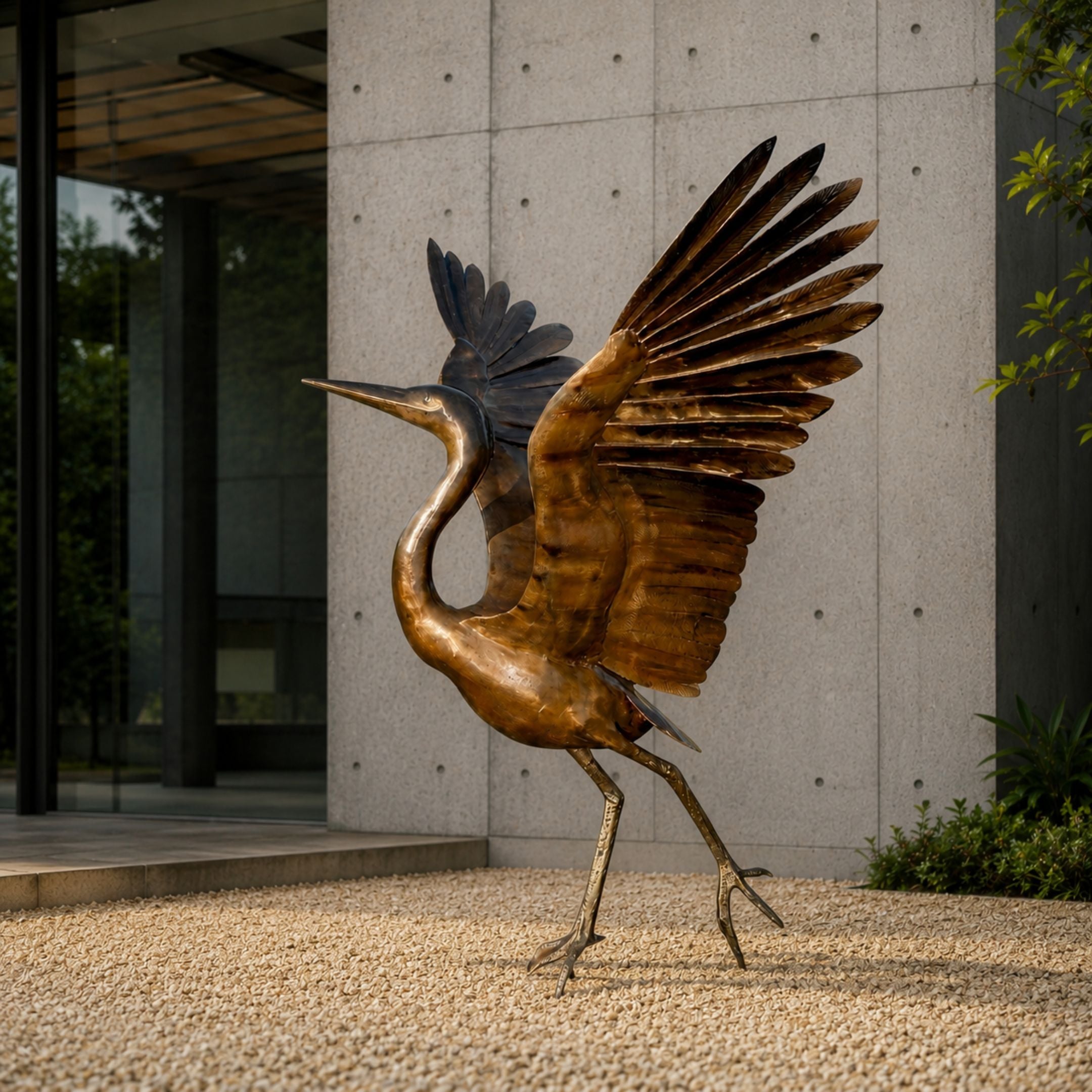Life-Size Contemporary Heron Bronze Sculpture by Giant Sculptures, 220cm, wings raised in flight, displayed on pale gravel beside a concrete wall entrance.