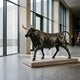 Monumental Charging Bull Bronze Sculpture by Giant Sculptures with black-brown patina and gilded horns, displayed on a stone plinth in a modern glass-walled atrium.