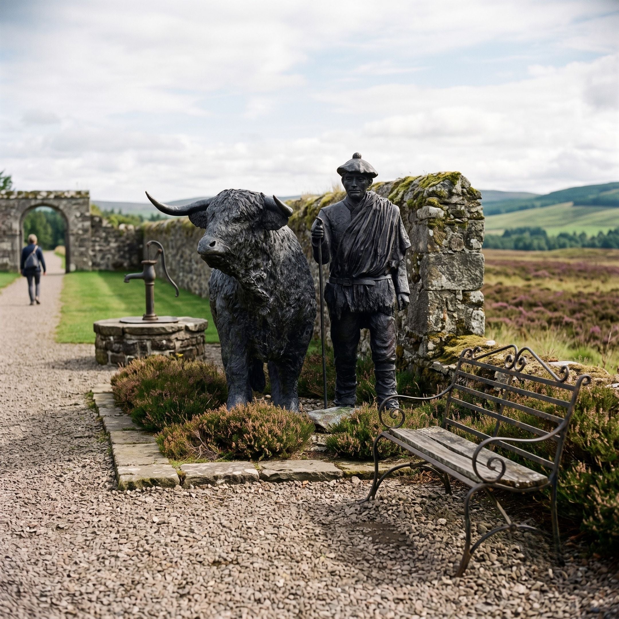 Life-Size Traditional Highland Bull and Herdsman Bronze Sculpture by Giant Sculptures displayed on heather-lined gravel path beside a stone wall and iron bench.