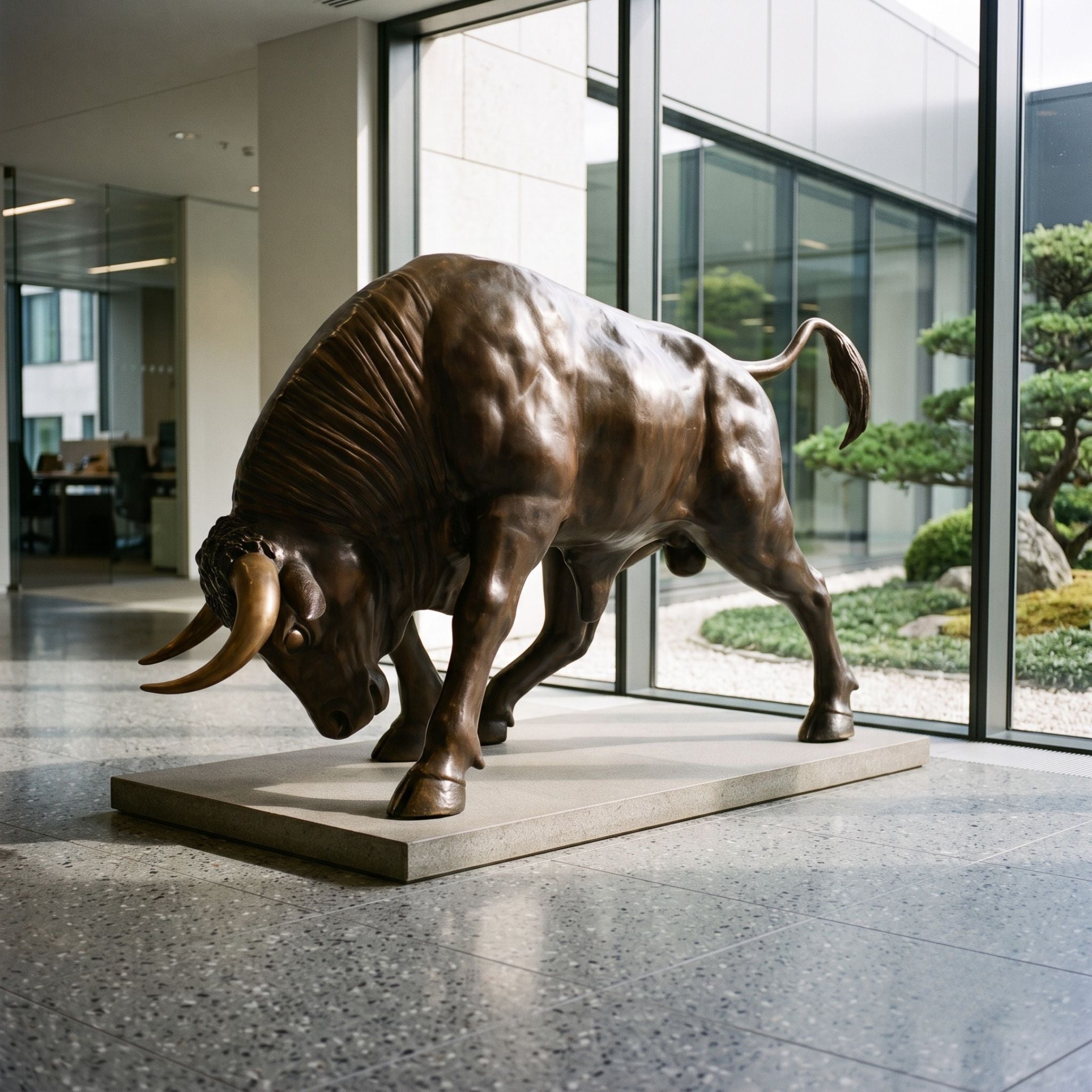 Giant Sculptures Life-Size Charging Bull bronze sculpture in lowered-head pose on a stone base in a modern lobby beside a glass-walled courtyard garden.